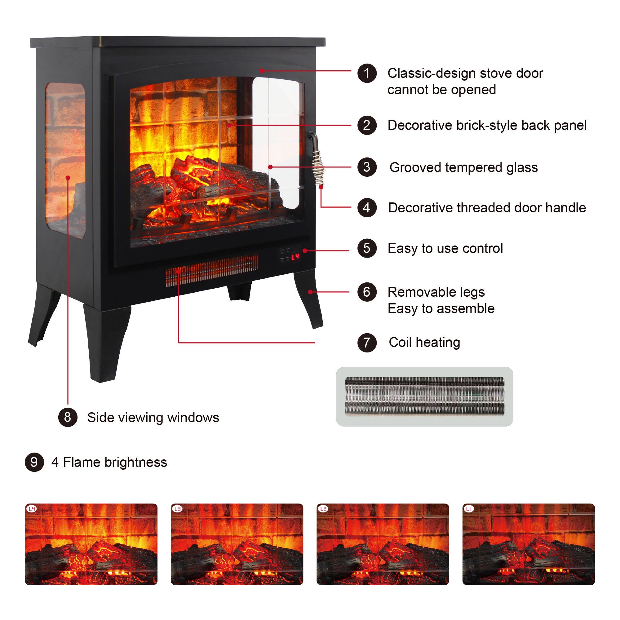 1. Classic-design stove door cannot be opened  
2. Decorative brick-style back panel  
3. Grooved tempered glass  
4. Decorative threaded door handle  
5. Easy to use control  
6. Removable legs Easy to assemble  
7. Coil heating  
8. Side viewing windows  
9. 4 Flame brightness