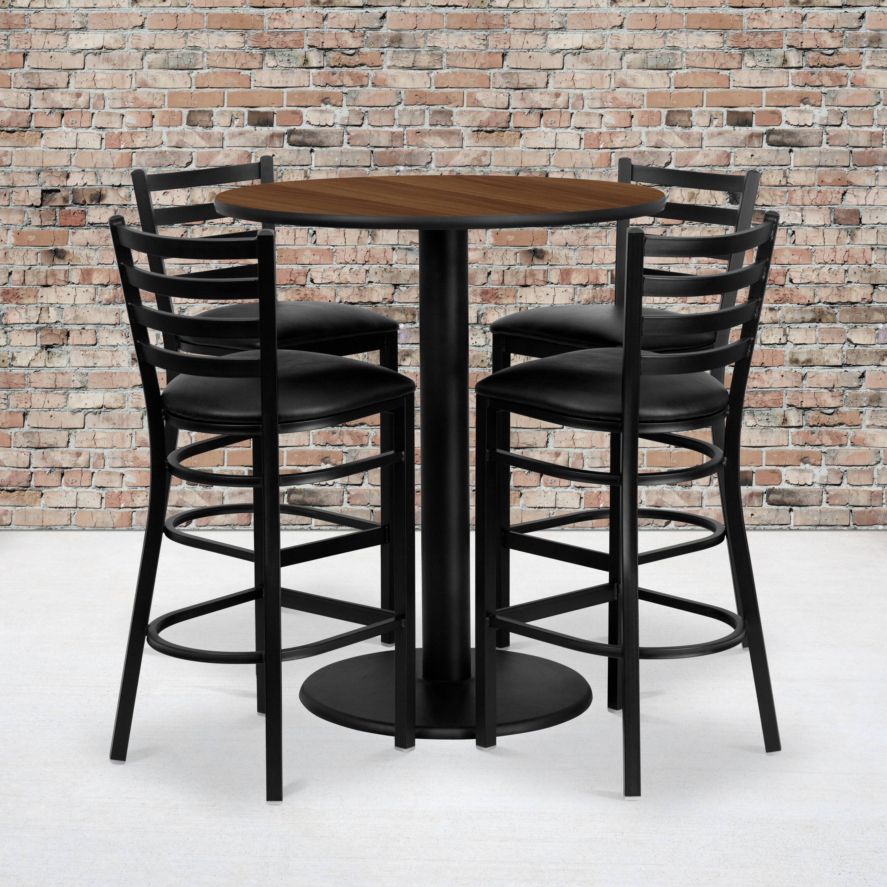 Alt View 1. Emma + Oliver - 36'' Round Laminate Table Set with 4 Ladder Back Metal Barstools - Walnut.
