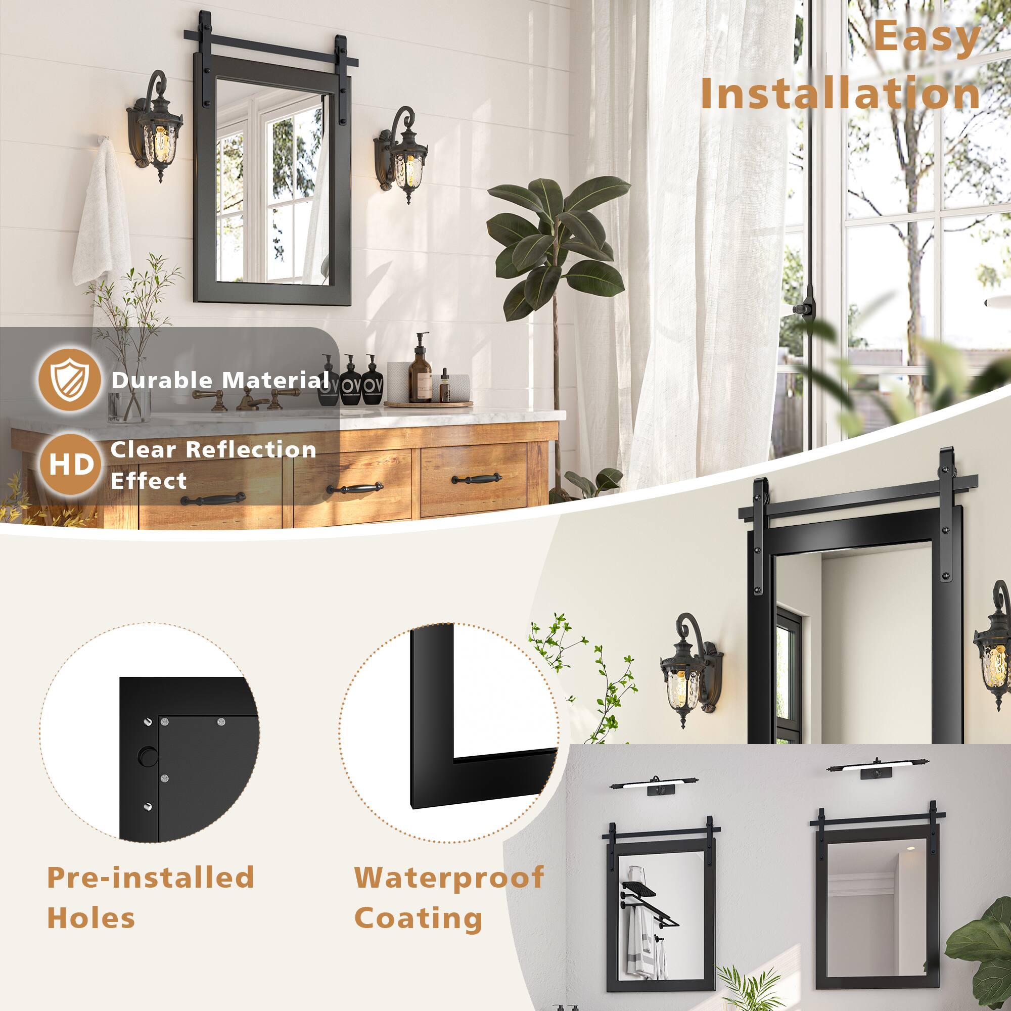 Easy Installation  
Durable Material  
Clear Reflection HD Effect  
Pre-installed Holes  
Waterproof Coating