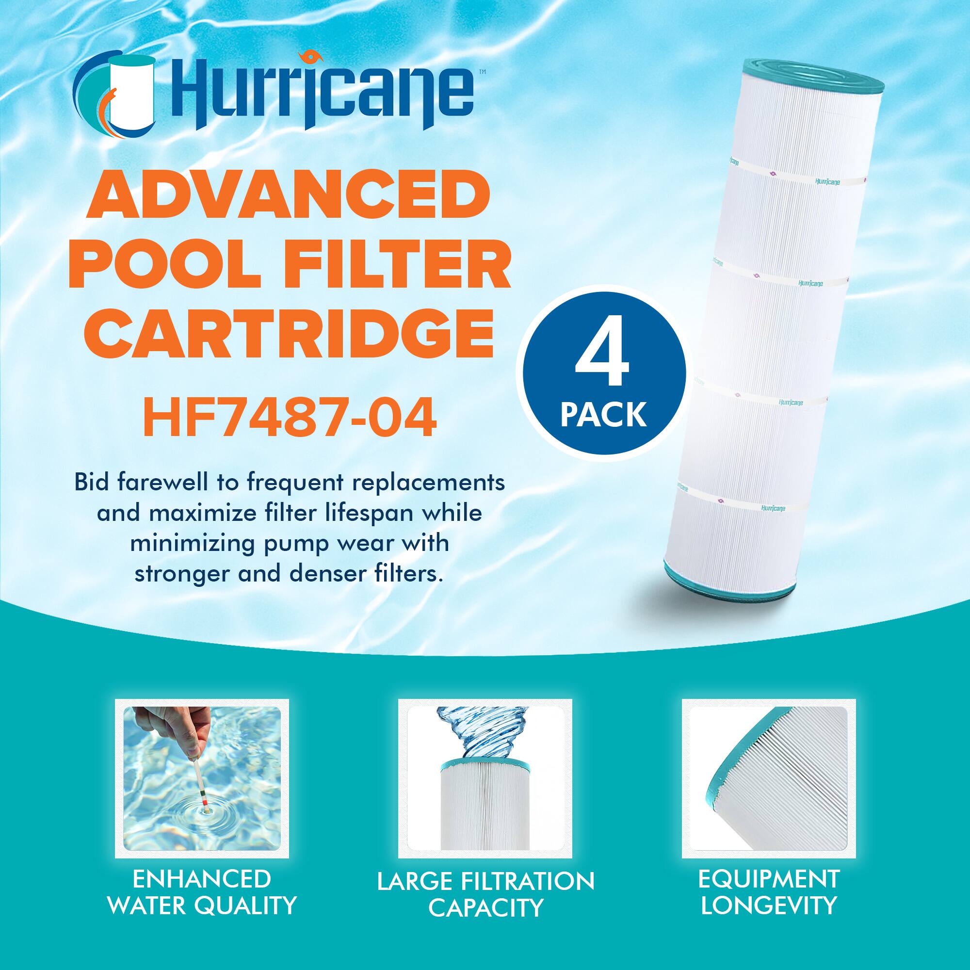 Hurricane  
ADVANCED POOL FILTER CARTRIDGE  
HF7487-04  

4 PACK  

Bid farewell to frequent replacements and maximize filter lifespan while minimizing pump wear with stronger and denser filters.  

ENHANCED WATER QUALITY  
LARGE FILTRATION CAPACITY  
EQUIPMENT LONGEVITY