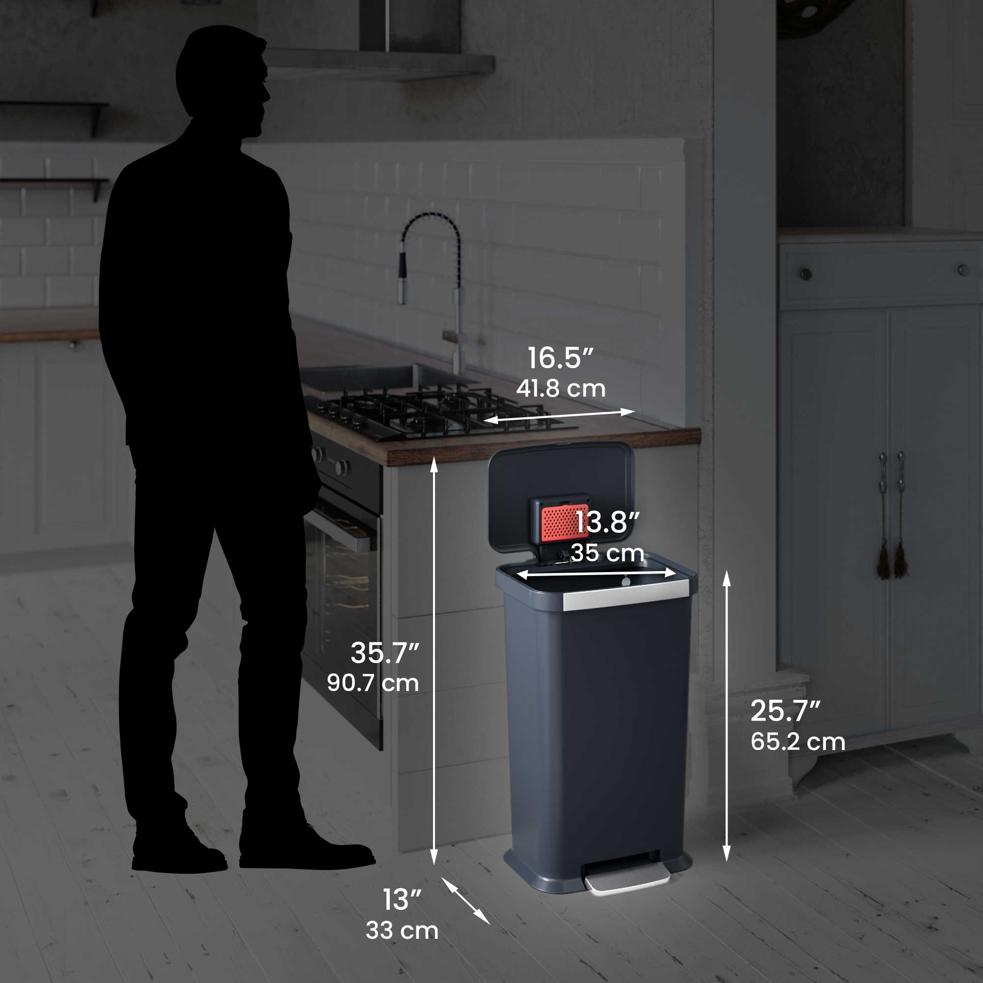 16.5" 41.8 cm  
13.8" 35 cm  
35.7" 90.7 cm  
25.7" 65.2 cm  
13" 33 cm