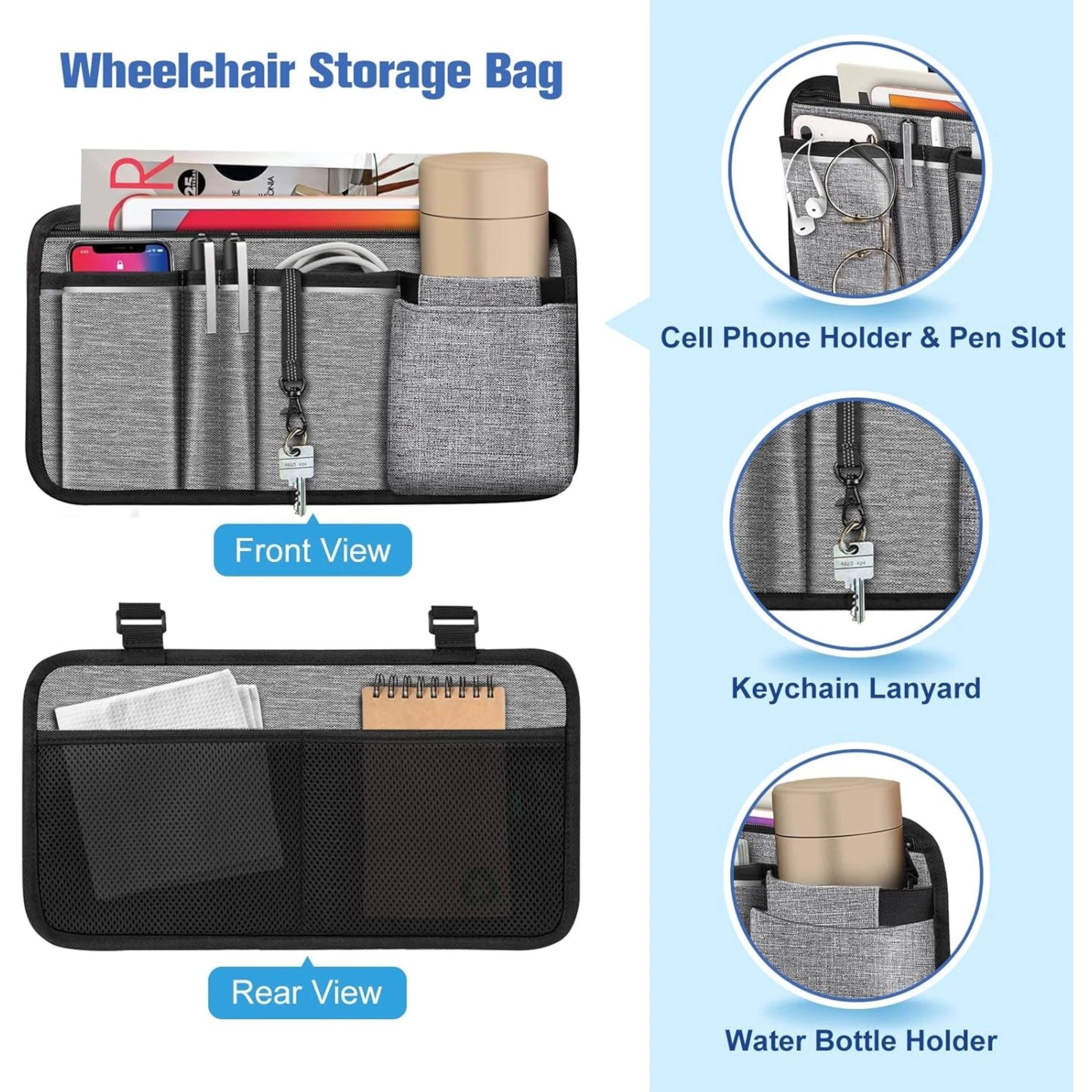 Wheelchair Storage Bag

Front View
- Cell Phone Holder & Pen Slot
- Keychain Lanyard

Rear View
- Water Bottle Holder