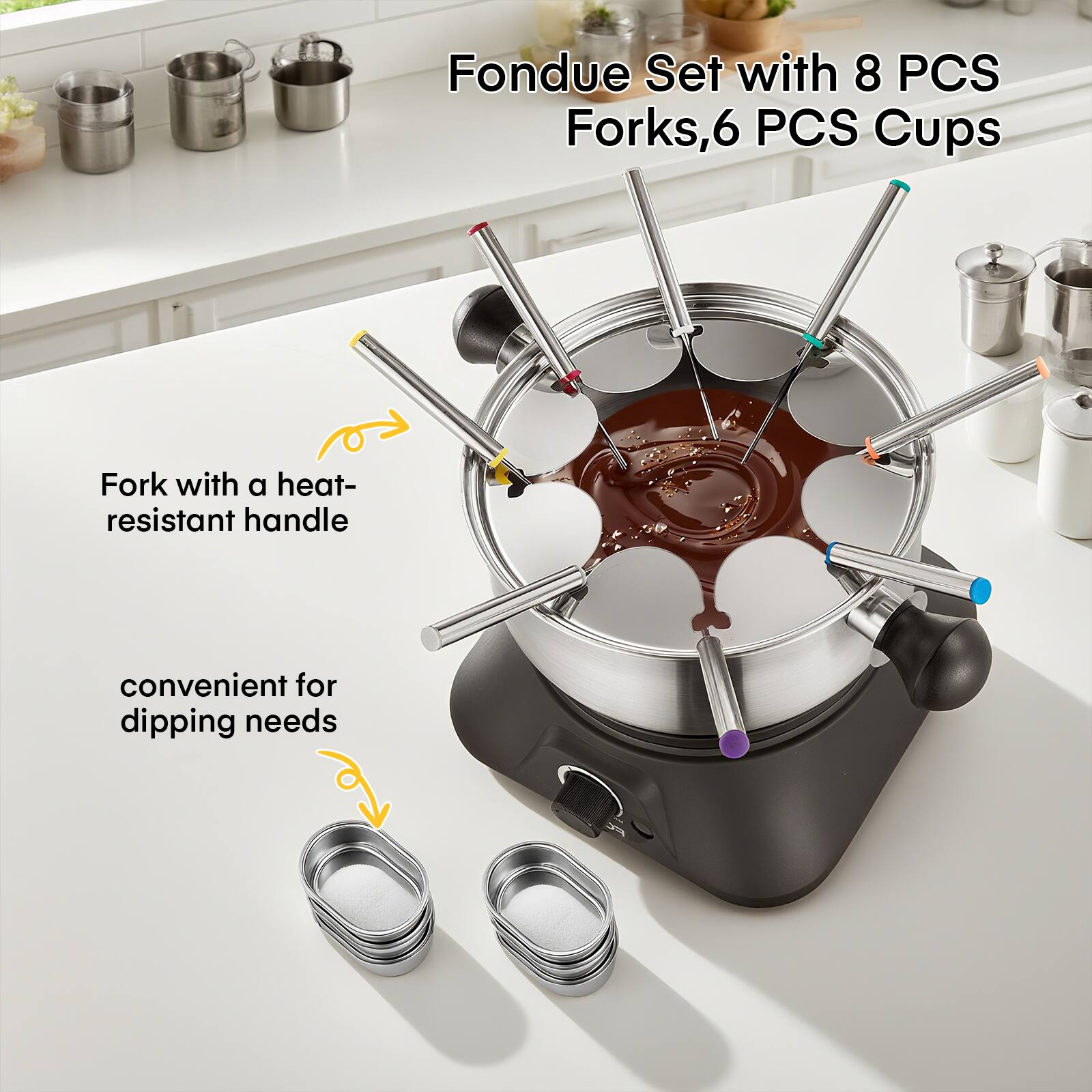 Fondue Set with 8 PCS Forks, 6 PCS Cups

Fork with a heat-resistant handle

convenient for dipping needs