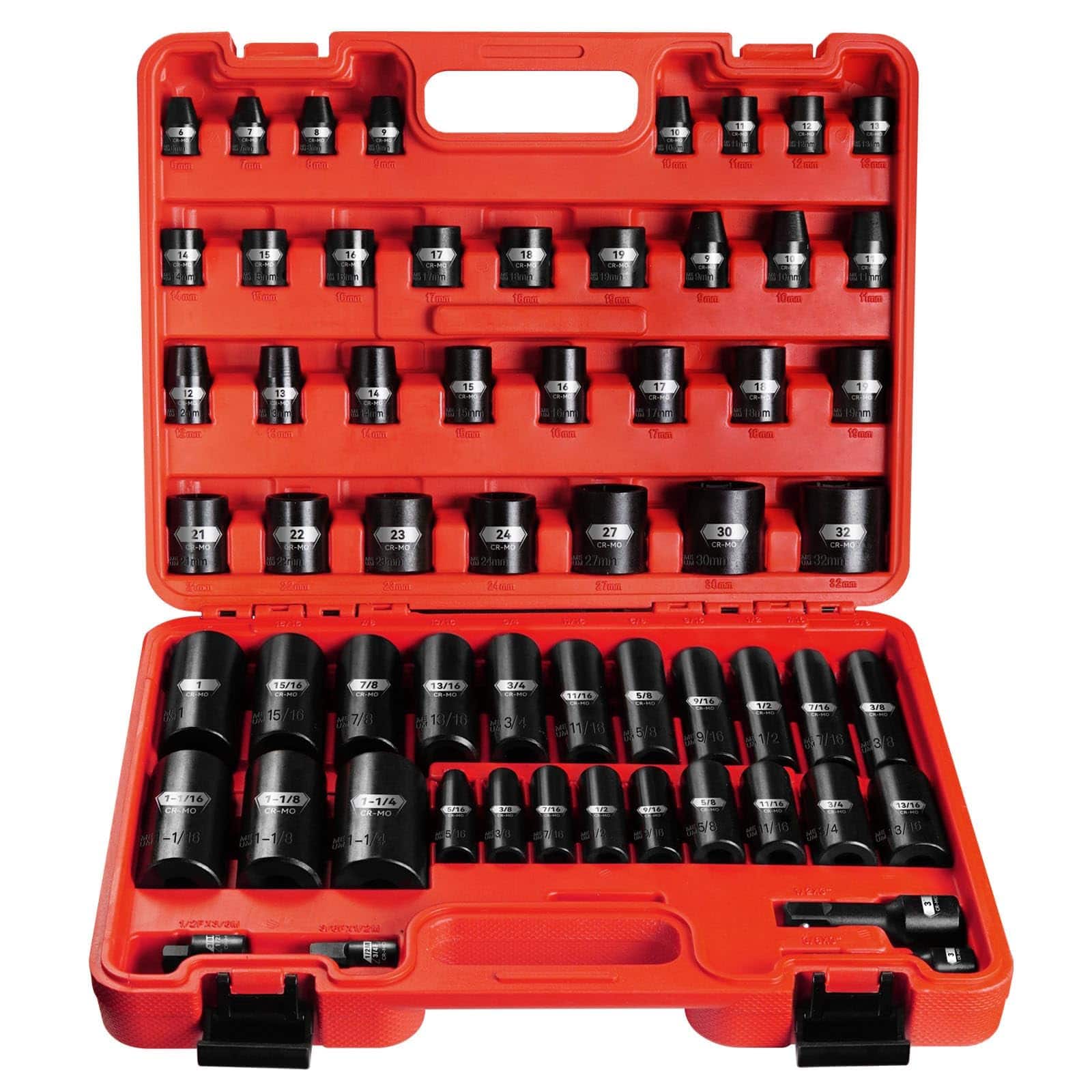 JETRANSPORT - 59pcs 3/8" And 1/2" Drive Impact Socket Set Metric/sae Deep/shallow Cr-mo 6-point 5/16" To 1-1/4" 6mm - Default