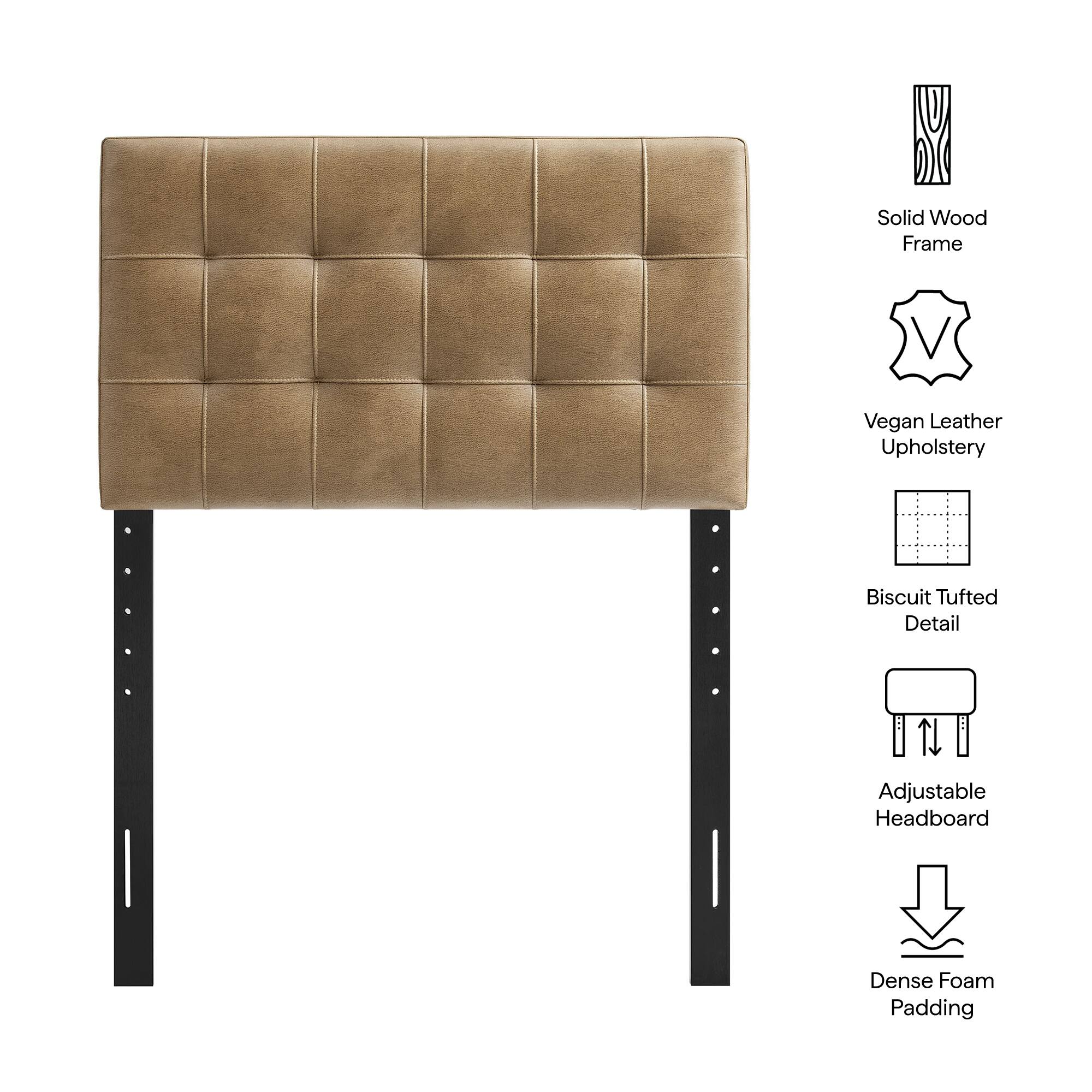 Solid Wood Frame  
Vegan Leather Upholstery  
Biscuit Tufted Detail  
Adjustable Headboard  
Dense Foam Padding