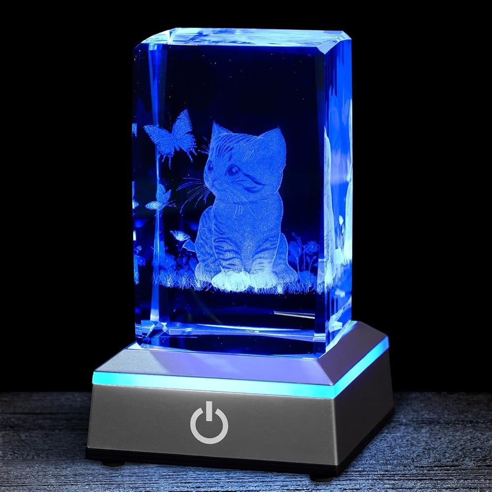 Schertz - 3D Crystal Cat Night Light – Multicolor LED, Glass Engraved, Gift for Women