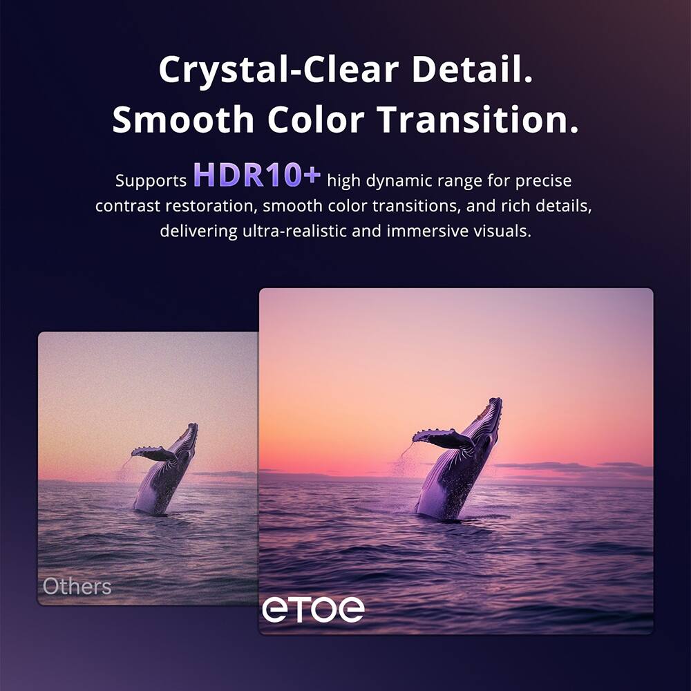 Crystal-Clear Detail. Smooth Color Transition.

Supports HDR10+ high dynamic range for precise contrast restoration, smooth color transitions, and rich details, delivering ultra-realistic and immersive visuals.

Others