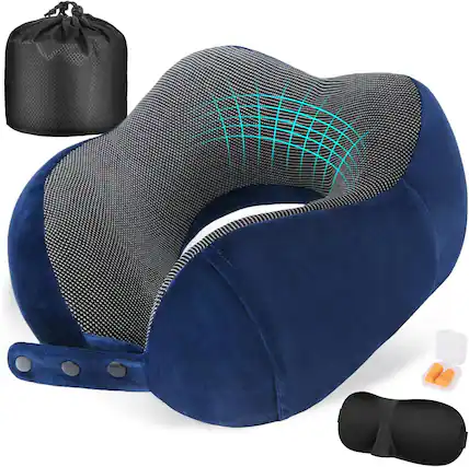 Front. FINEAK - Adjustable Memory Foam Travel Neck Pillow for Ultimate Flight Comfort-Blue - Blue.