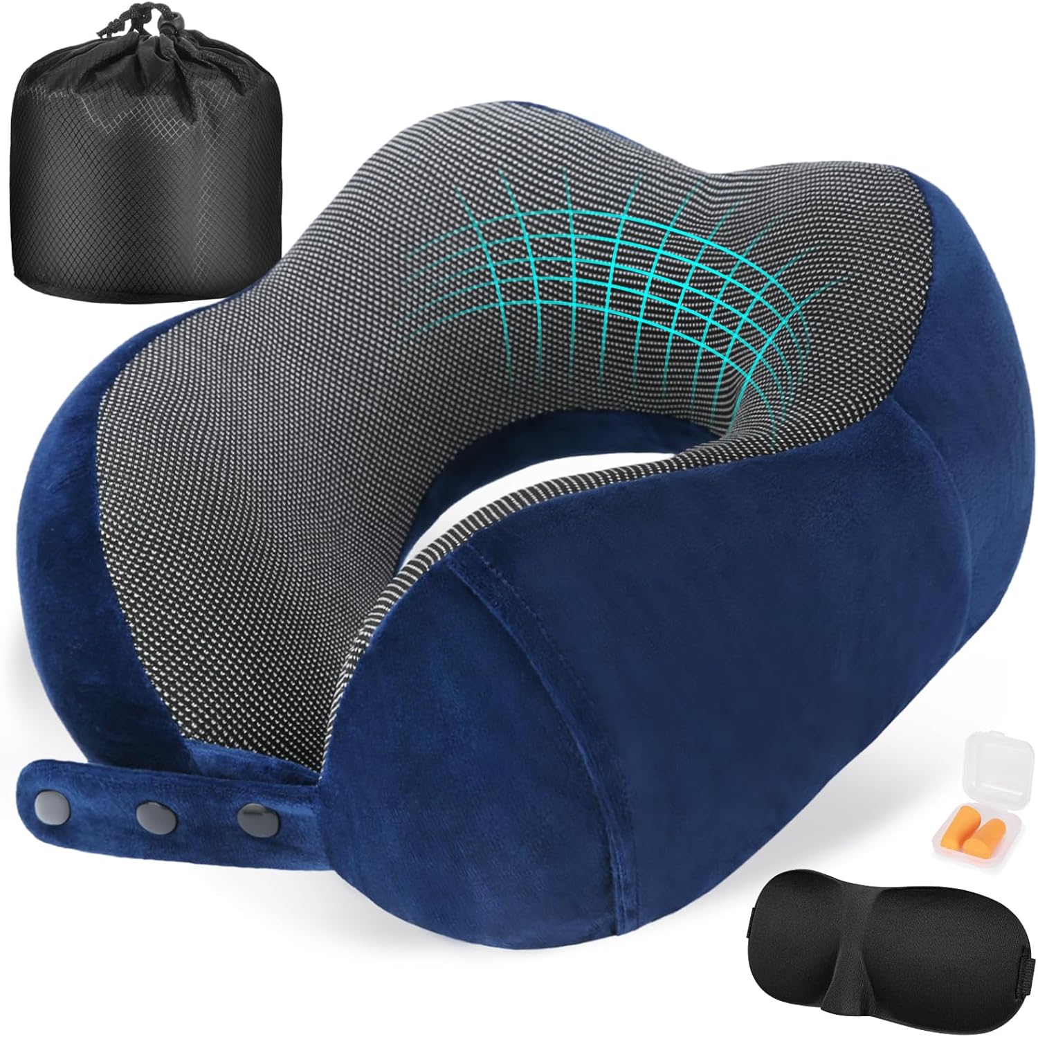 Front. FINEAK - Adjustable Memory Foam Travel Neck Pillow for Ultimate Flight Comfort-Blue - Blue.