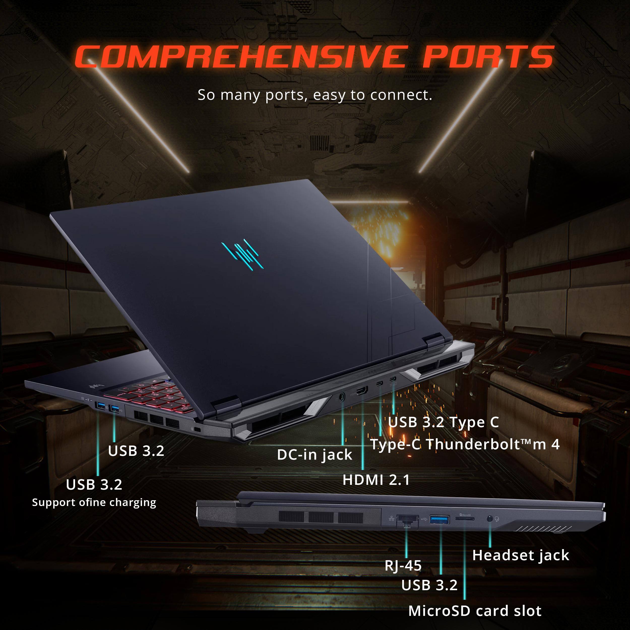 COMPREHENSIVE PORTS  
So many ports, easy to connect.  

USB 3.2  
USB 3.2 (Support offline charging)  
USB 3.2 Type C  
Thunderbolt™ 4 Type-C  
DC-in jack  
HDMI 2.1  
Headset jack  
RJ-45  
USB 3.2  
MicroSD card slot