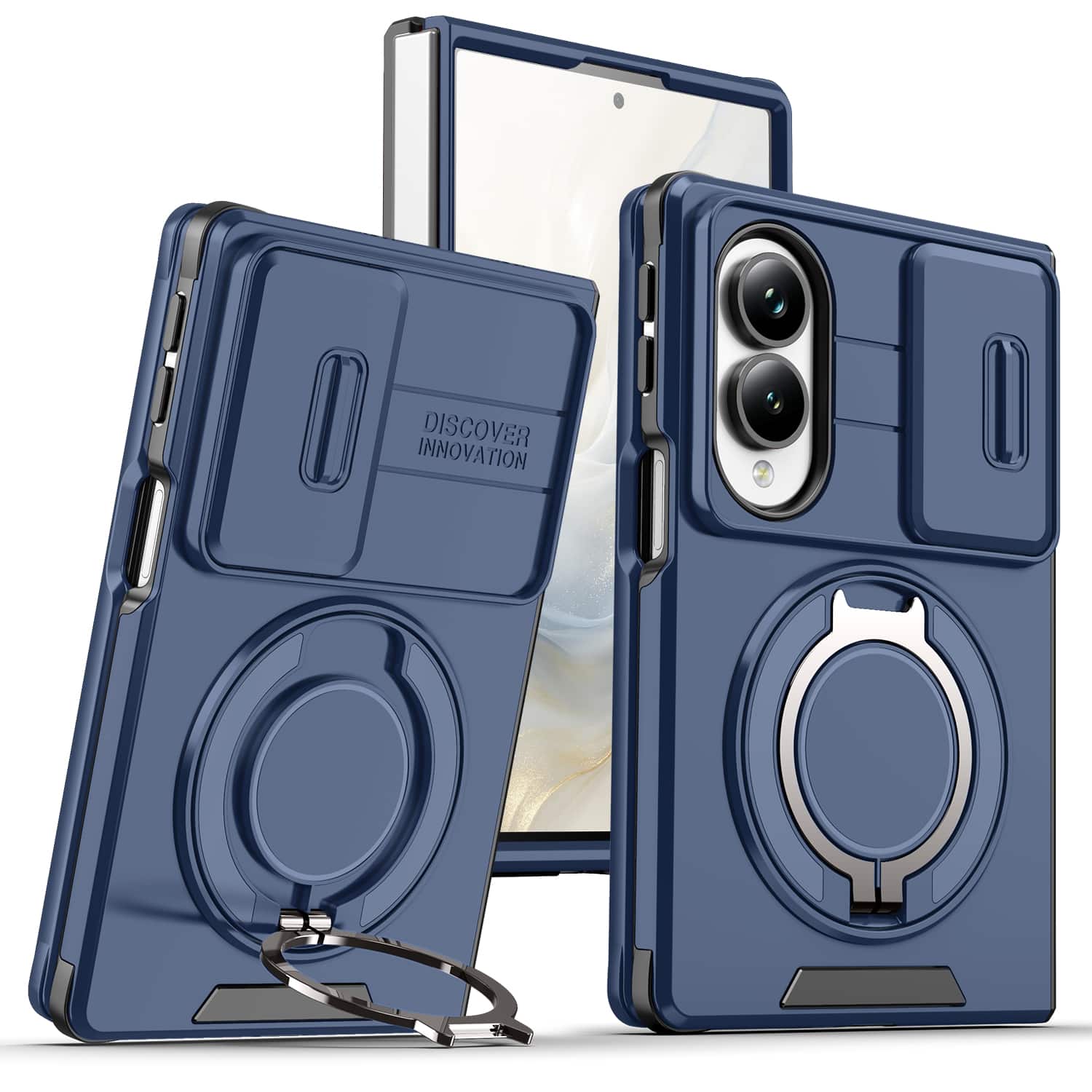 Dteck - for Samsung Galaxy Z Fold8 Case with Camera Slide Cover, Shockproof Rugged Phone Cover with Magnetic Rotate Ring Stand - Blue