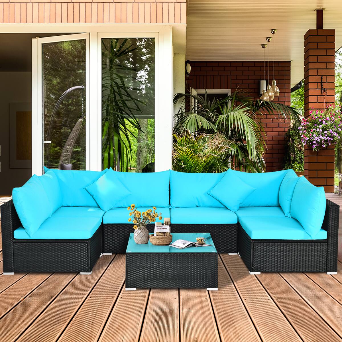 Alt View 3. Gymax - Gymax 7PCS Rattan Patio Conversation Set Sectional Furniture Set w/ Blue Cushion - Blue.