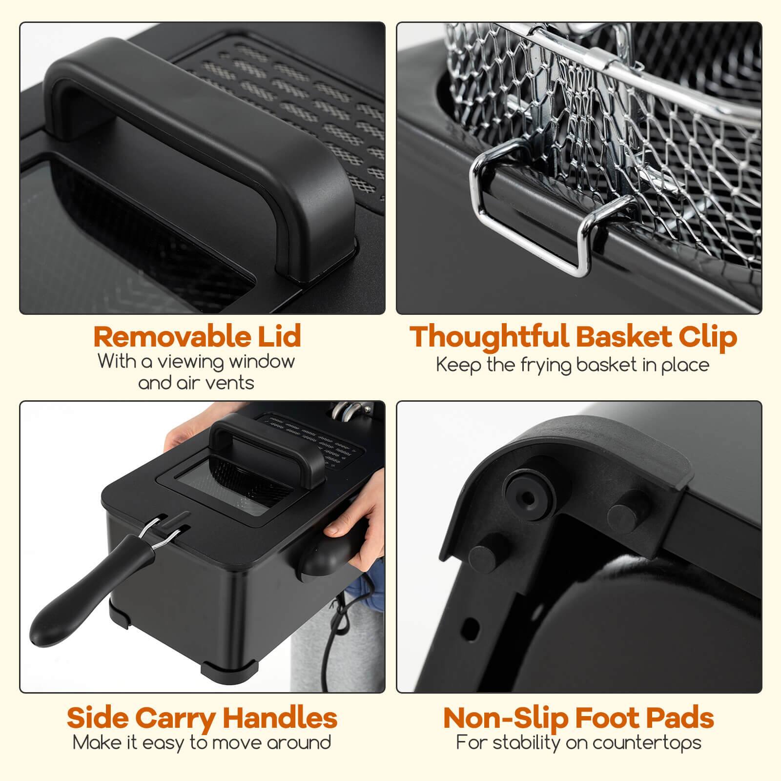 - Removable Lid: With a viewing window and air vents
- Thoughtful Basket Clip: Keep the frying basket in place
- Side Carry Handles: Make it easy to move around
- Non-Slip Foot Pads: For stability on countertops