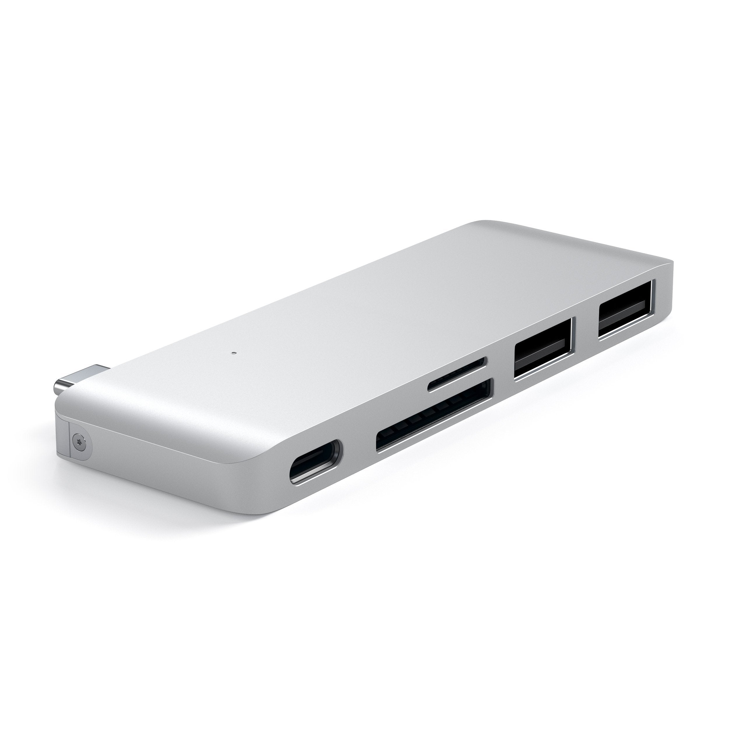 Alt View 4. Satechi - USB-C Pass-Through Hub Adapter 5-in-1 - 3 USB-A Data Ports & Micro/SD Card Readers for MacBook Pro/Air - Silver.