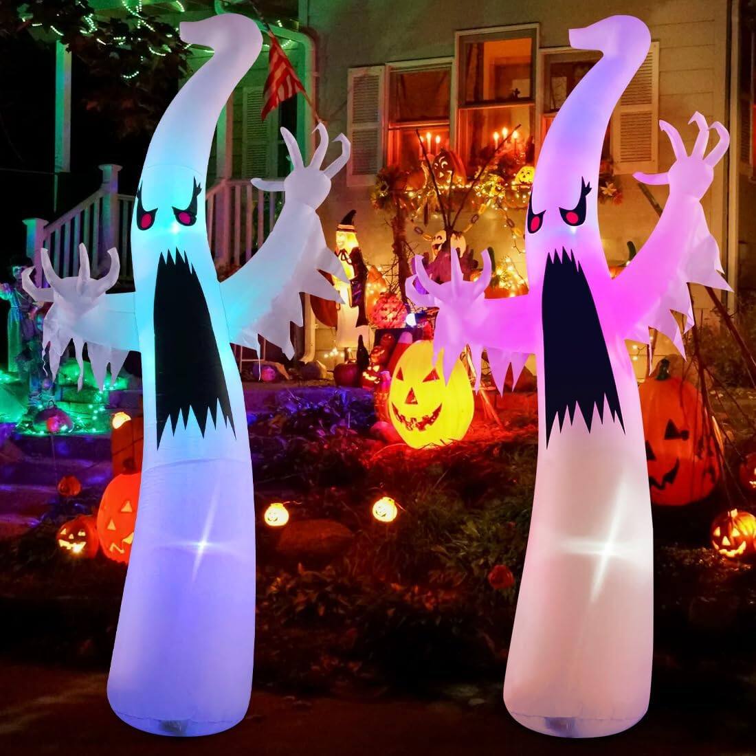 Left. GOOSH Inflatables - GOOSH 6 FT Halloween Inflatables Ghost Scary Red Eye Dimming Ghost with Built-in Colorful LEDs - White.
