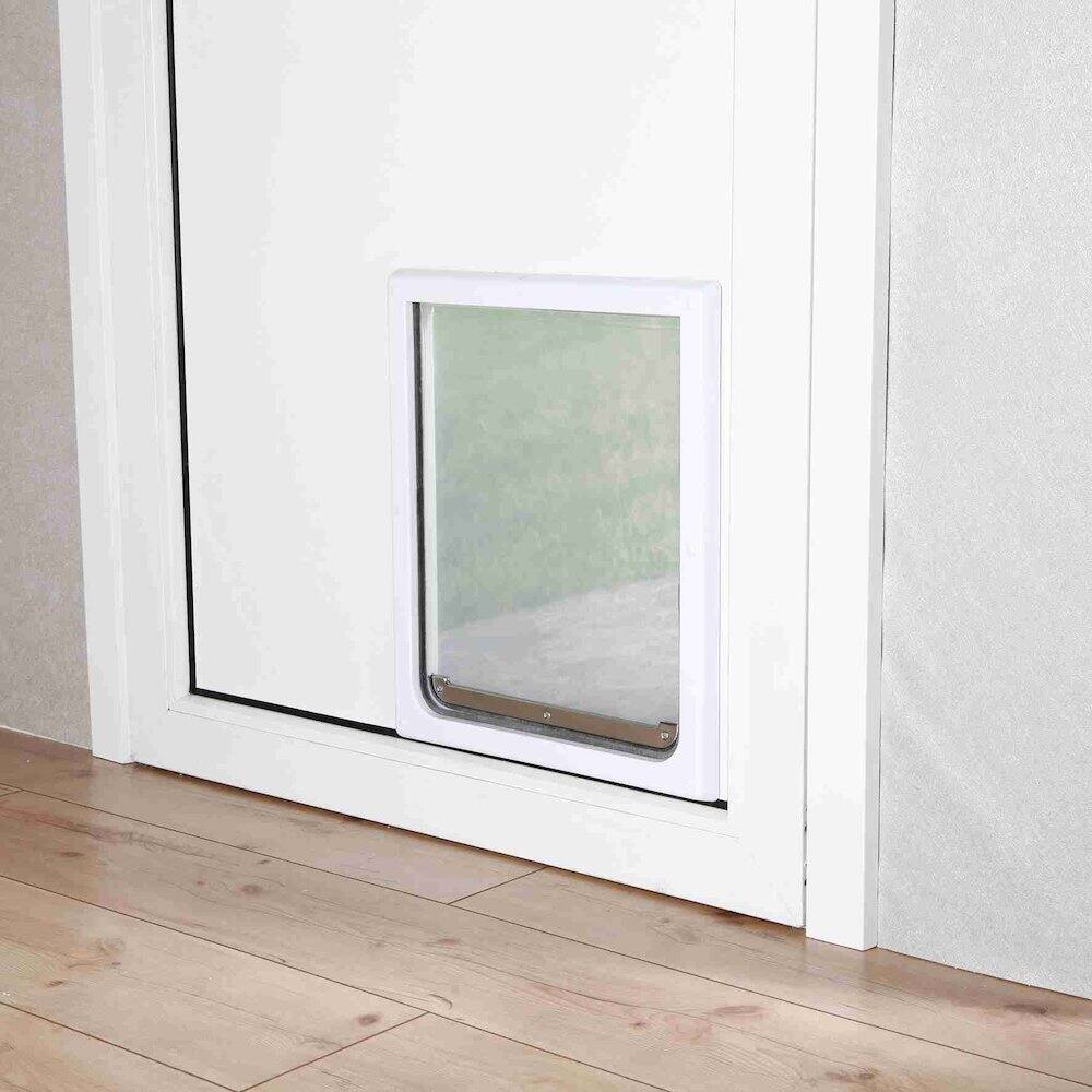Left. TRIXIE - 2-Way Pet Door for Doors with Lockable Panel, For Medium to Large Dogs - White.