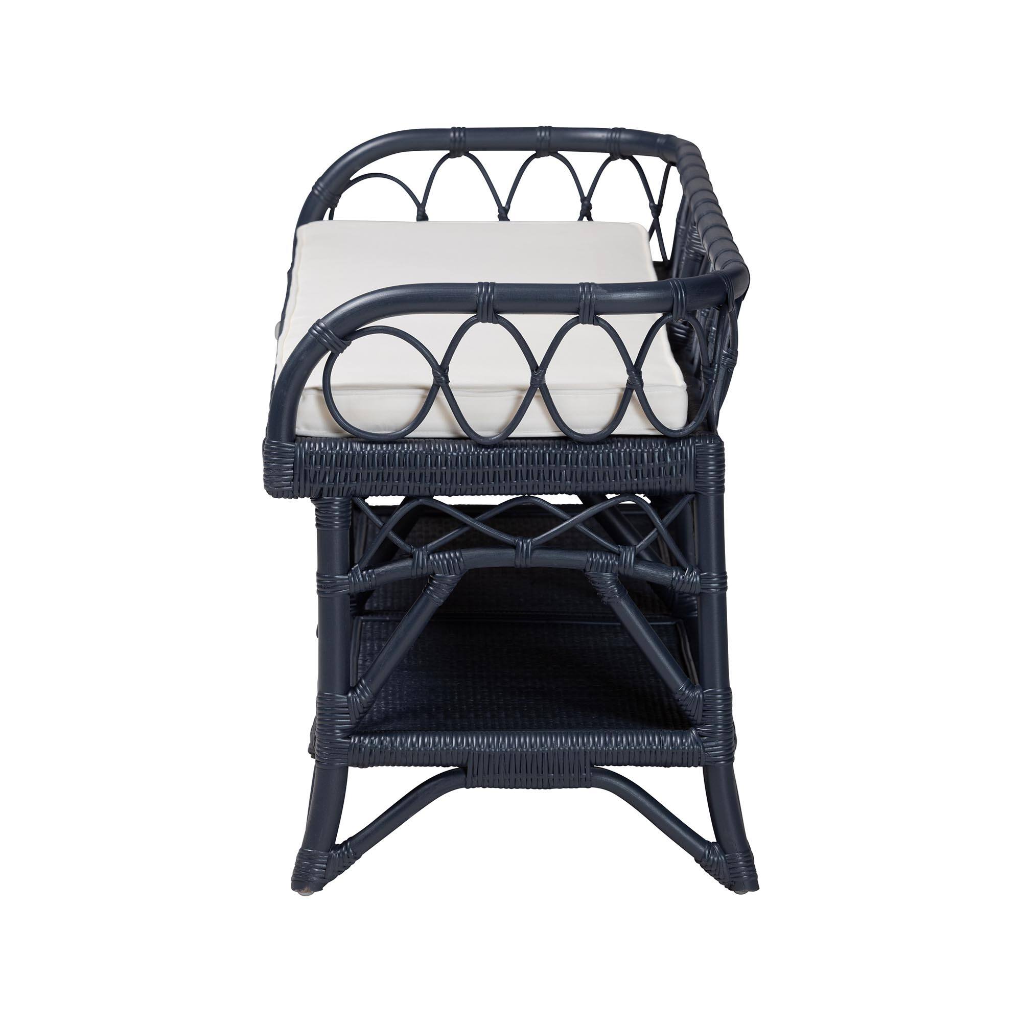 Left. bali & pari - Leryn Natural Rattan Bench with Shelf - Navy Blue.