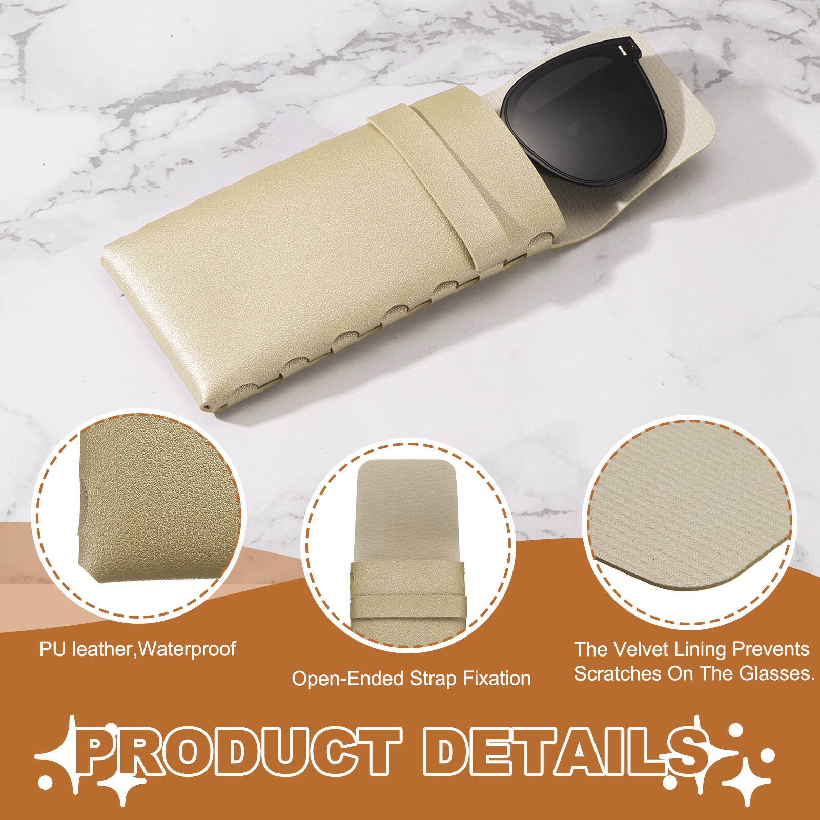 PU leather, Waterproof  
The Velvet Lining Prevents Scratches On The Glasses.  
PRODUCT DETAILS