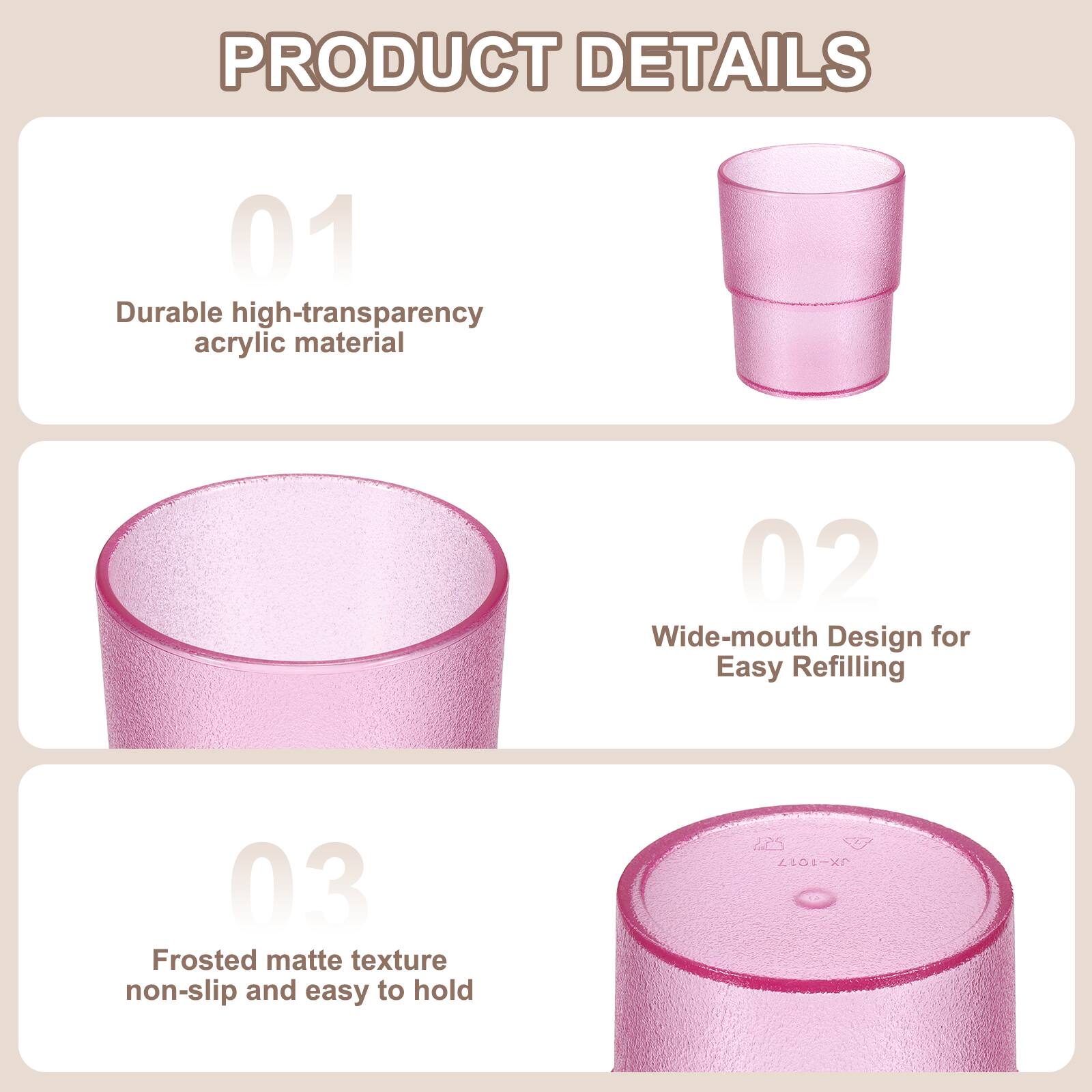 PRODUCT DETAILS

01 Durable high-transparency acrylic material

02 Wide-mouth Design for Easy Refilling

03 Frosted matte texture non-slip and easy to hold

225 JX1017