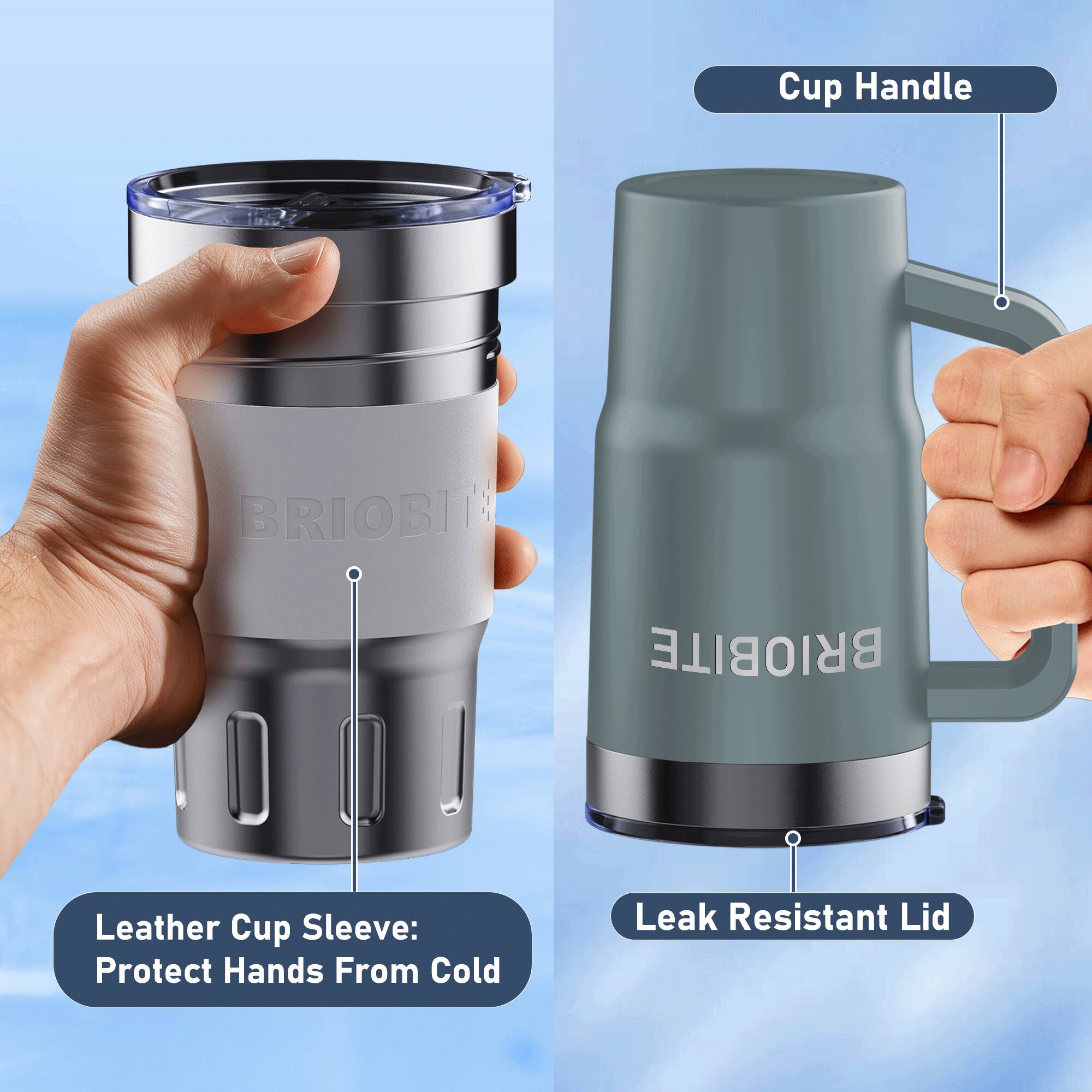 Cup Handle  
BRIOBIN BRIOBITE Leather Cup Sleeve: Protect Hands From Cold  
Leak Resistant Lid