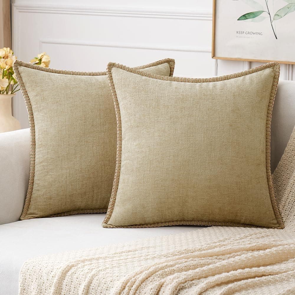 FINEAK - Soft Chenille Pack of 2 Couch Throw Pillow Covers 18x18 Inch - Beige