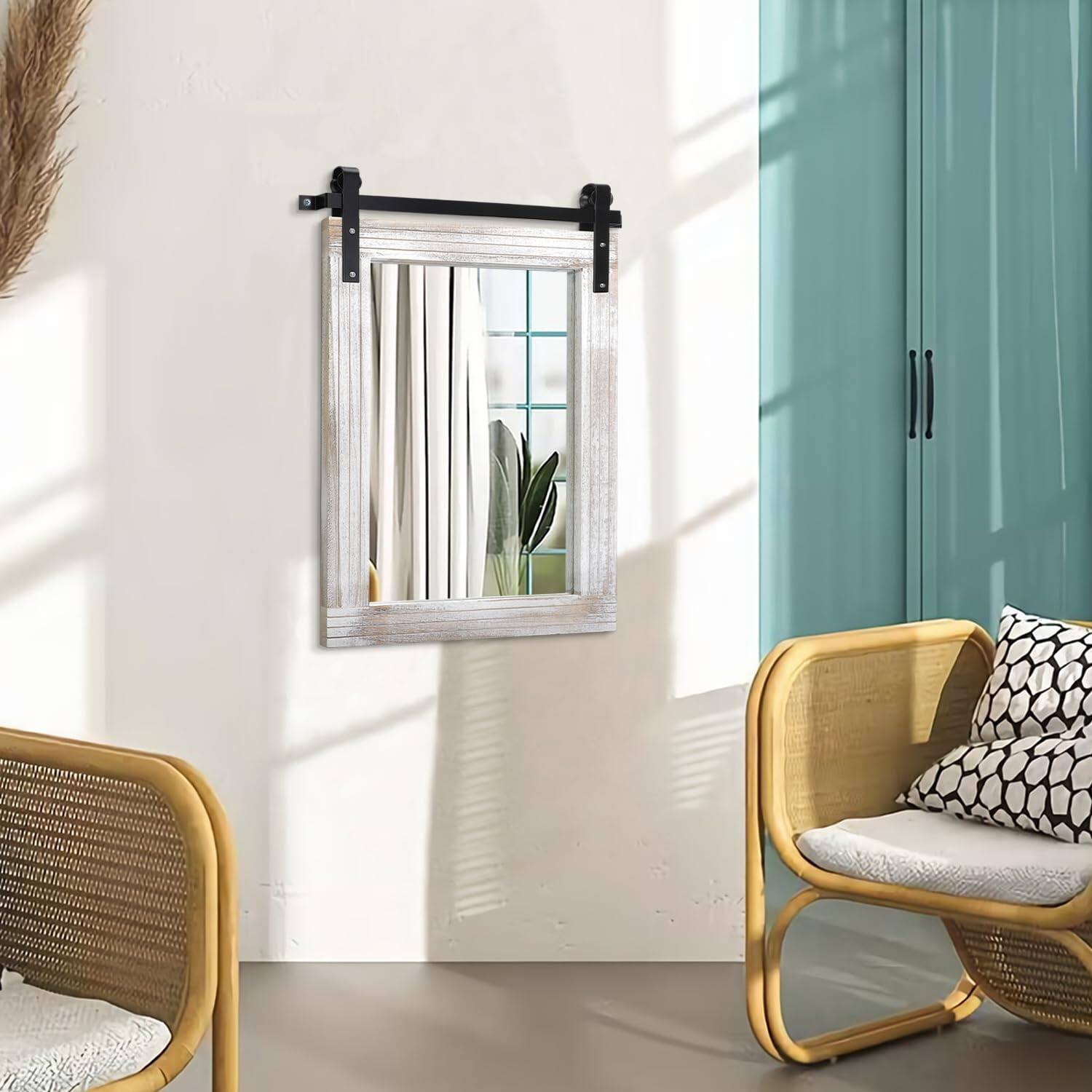 Alt View 1. Comfort Essence - Mirrors For Wall Rustic Barn Door Mirror With Wood Framed Rectangle Farmhouese Bathroom Decorative Hangin... - Brown-30"L x 22"W.