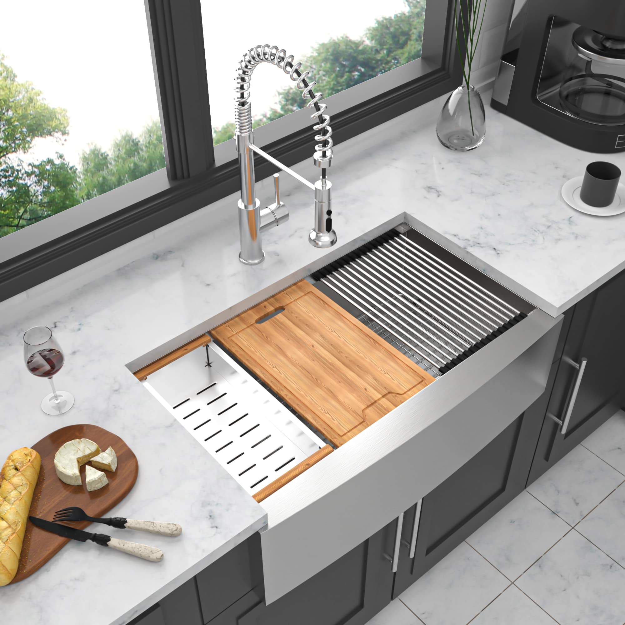 Siljoy - 30 Farmhouse Sink Workstation - 30 Inch Kitchen Sink Stainless Steel 16 gauge Apron Front Kitchen Sink - Brushed Nickel