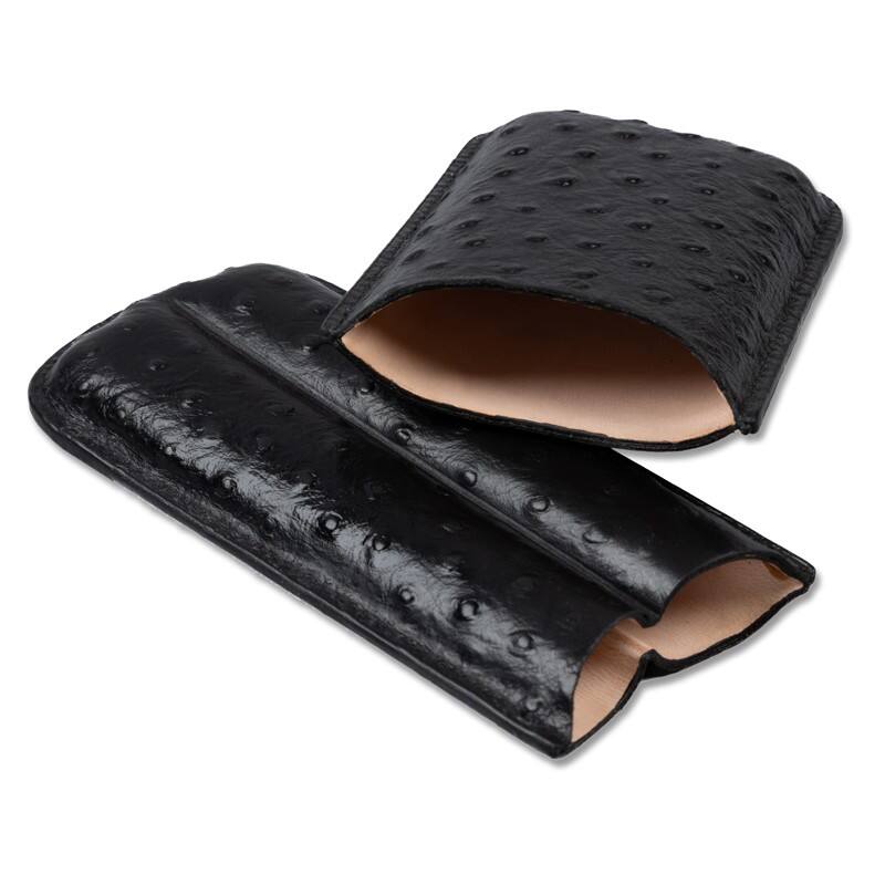 Back. Prestige - Ostrich 2 Cigar Case (Black) - Black Leather Finish.