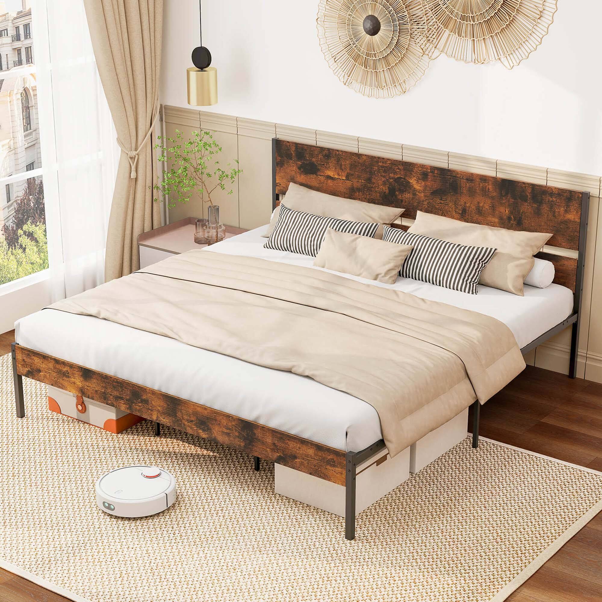 Alt View 6. Costway - Costway King Size Bed Frame with Wooden Headboard Under-Bed Storage No Box Spring Needed - Rustic Brown & Black.