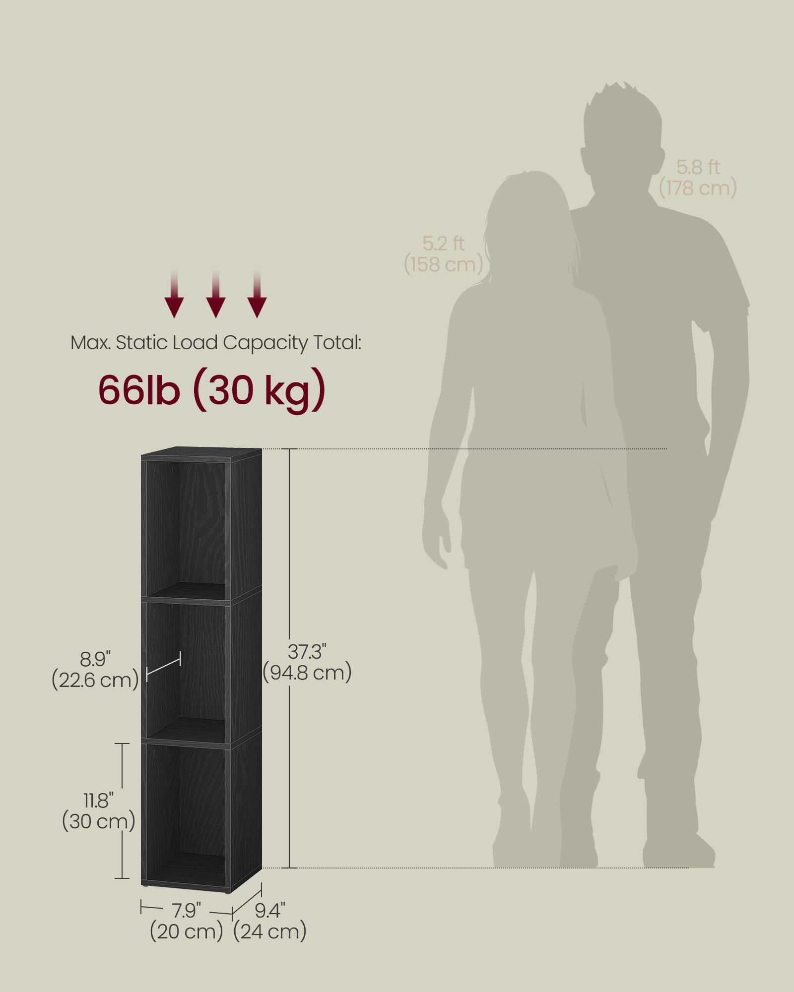 5.8 ft (178 cm)  
5.2 ft (158 cm)  

Max. Static Load Capacity Total: 66lb (30 kg)  

8.9" (22.6 cm)  
37.3" (94.8 cm)  
11.8" (30 cm)  
7.9" (20 cm)  
9.4" (24 cm)
