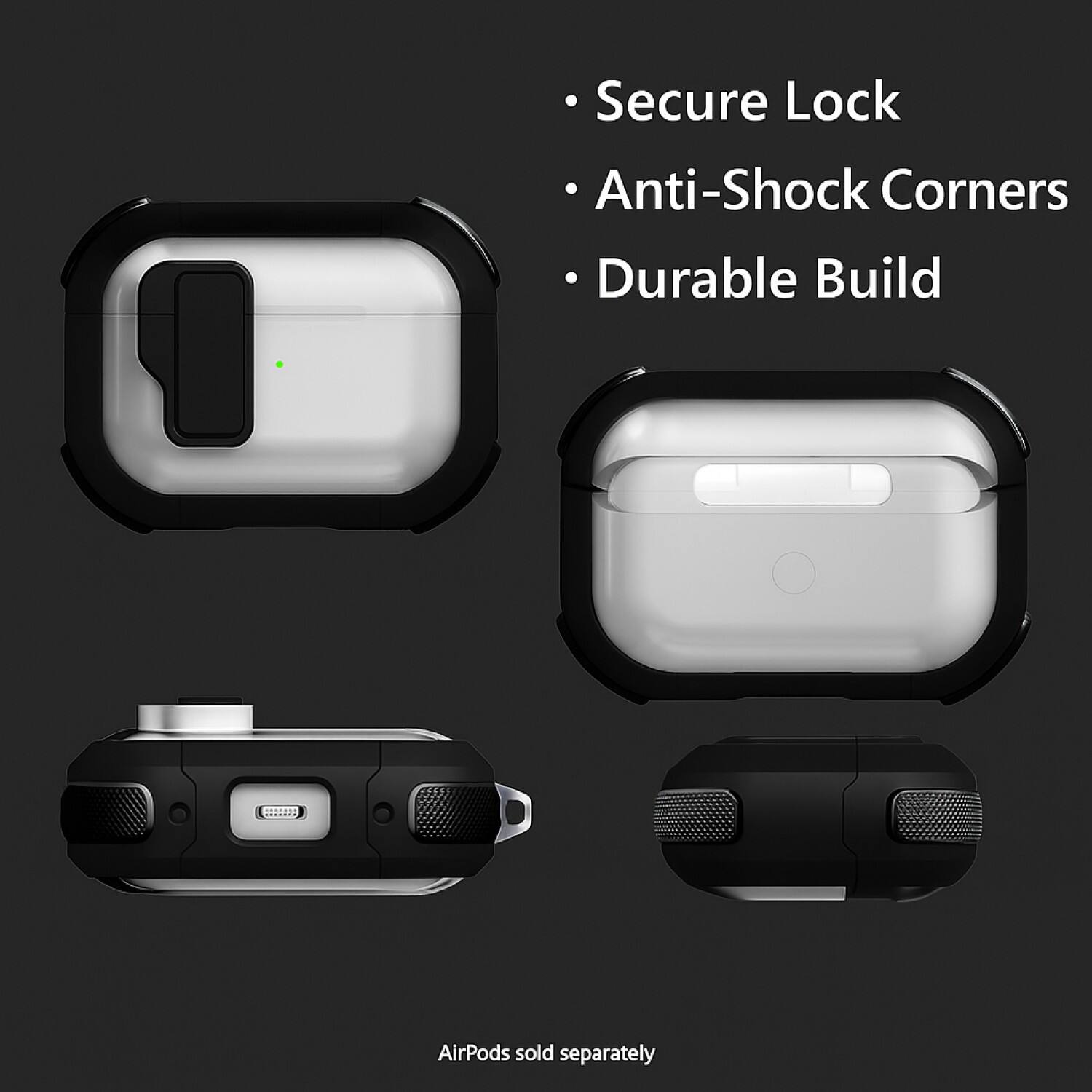 - Secure Lock
- Anti-Shock Corners
- Durable Build

AirPods sold separately