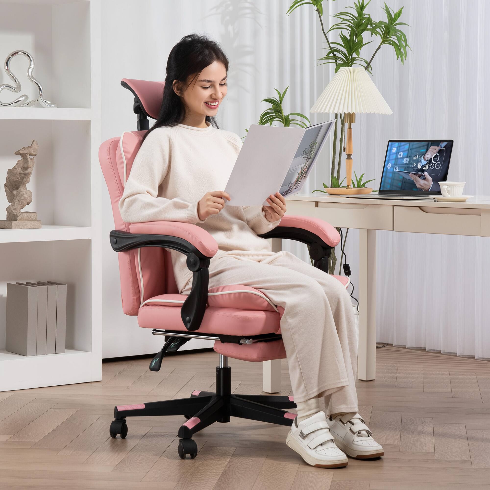 Alt View 1. Homcom - Executive Office Chair, Overstuffed PU Leather Reclining Computer Chair with Foot Rest, Headrest - Pink.