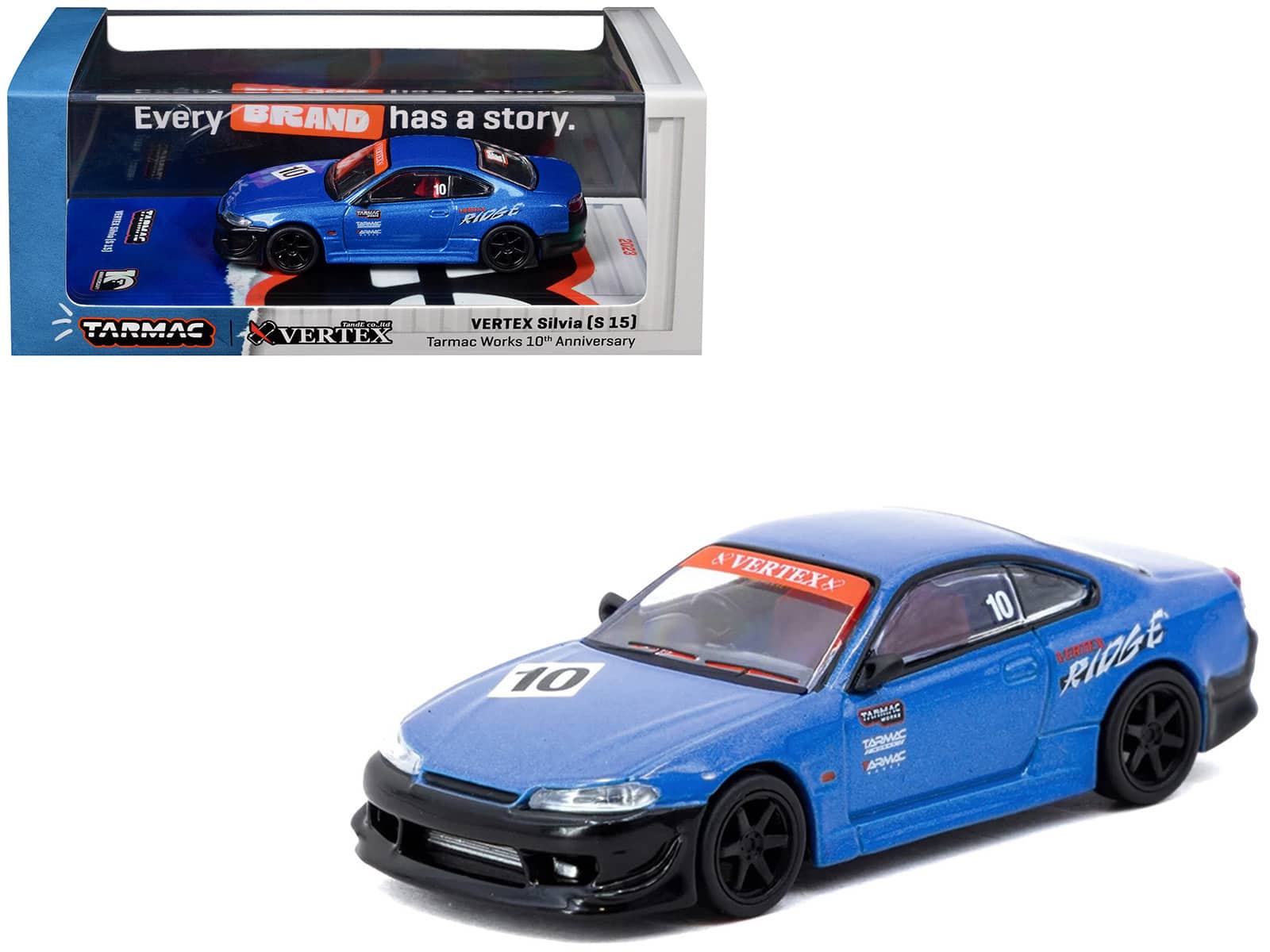 "Nissan Vertex Silvia (S15) RHD #10 ""Tarmac Works 10th Anniversary"" Blue Metallic 1/64 Diecast Model Car by Tarmac Works" price history on PriceWatchPro
