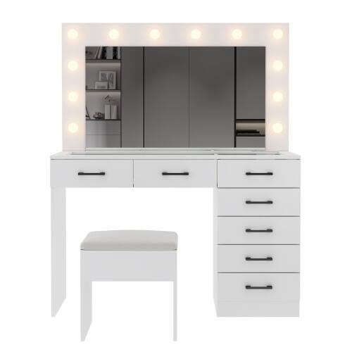 Front. Winado - Vanity Makeup Table Set Dressing Desk with 12 LED Lighted Mirror 7 Drawers - White.