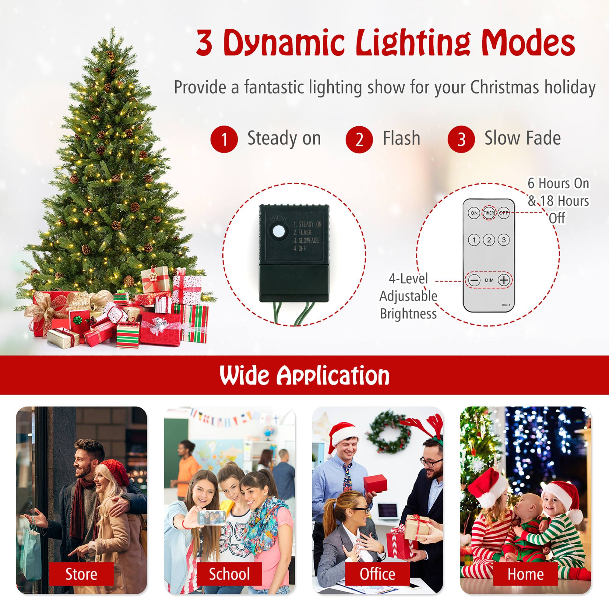 3 Dynamic Lighting Modes  
Provide a fantastic lighting show for your Christmas holiday  

1. Steady on  
2. Flash  
3. Slow Fade  

4-Level Adjustable Brightness  

6 Hours On & 18 Hours Off  

Wide Application  

Store  
School  
Office  
Home