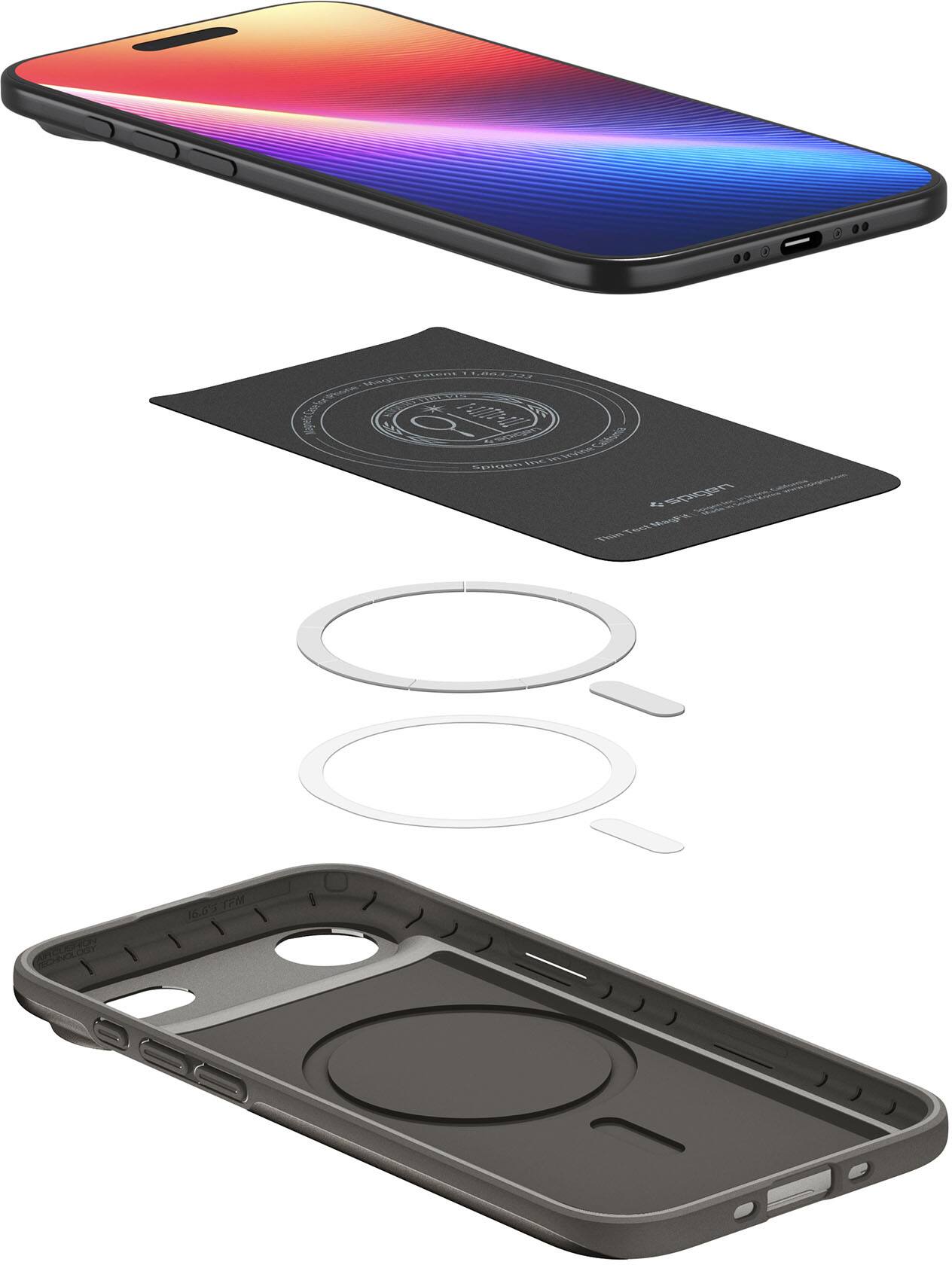 Sure, here is the corrected and grouped text from the image:

---

**Top Section:**
- cO..
- PNaL
- ppeciaato
- 6 % noo R1TS E Ct
- sdt0n
- N IFM
- 16.0%

**Middle Section (on the black card):**
- Patent Technology
- Spigen
- TPU Textured
- 16.0% IFM

**Bottom Section (on the phone case):**
- 16.0% IFM
- Spigen
- TECHNOLOGY

---