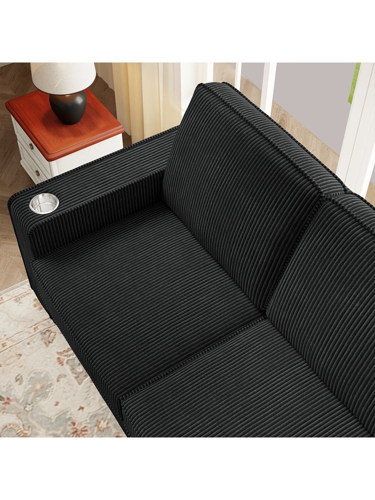 Back. Trinkets Crazed - 83.5 Inch Oversized 3 Seater Couch,Upholstered Corduroy Love Seat Sofa for Living Room,Modern Deep Seat Loveseat Sofa - Black.