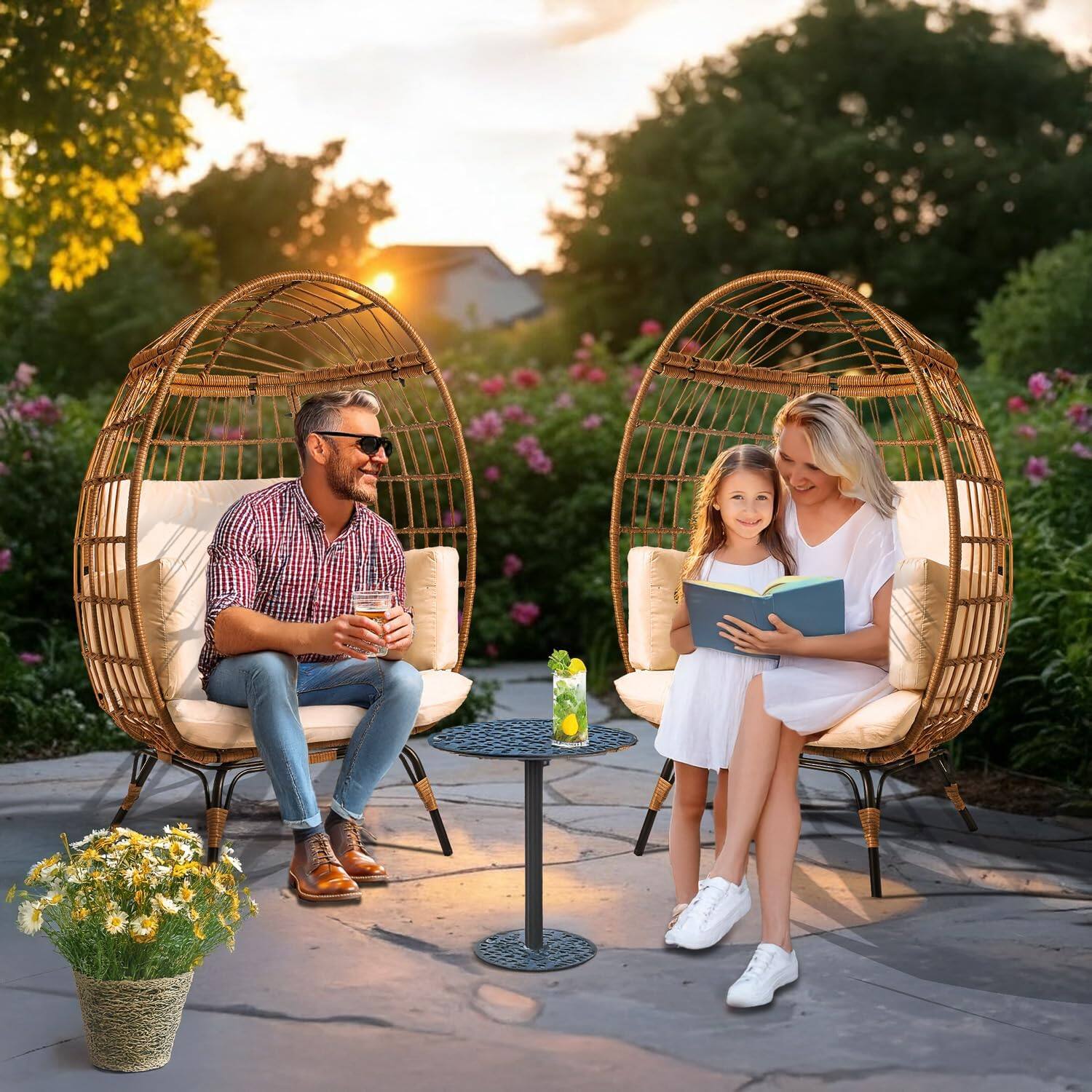Alt View 2. Maple99 - Wicker Egg Chair PE Rattan Patio Chair with Steel Frame & Ivory Cushion Perfect for Balcony, Garden & Indoor Lounging - Beige.