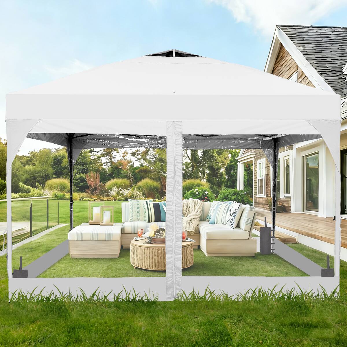 Alt View 1. Ainfox - Ainfox 10x10 FT Pop Up Canopy Tent Shelter Portable with 4 Clear PVC Sidewalls,Carry Bag & 4 Sandbags for Outdoor - White.