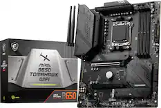 The image shows a computer motherboard and a box of a computer. The motherboard is a MAG B650 TOMAHAWK WIFI, and the box contains a MAG B650 TOMAHAWK WIFI. The box also has a green light on it.