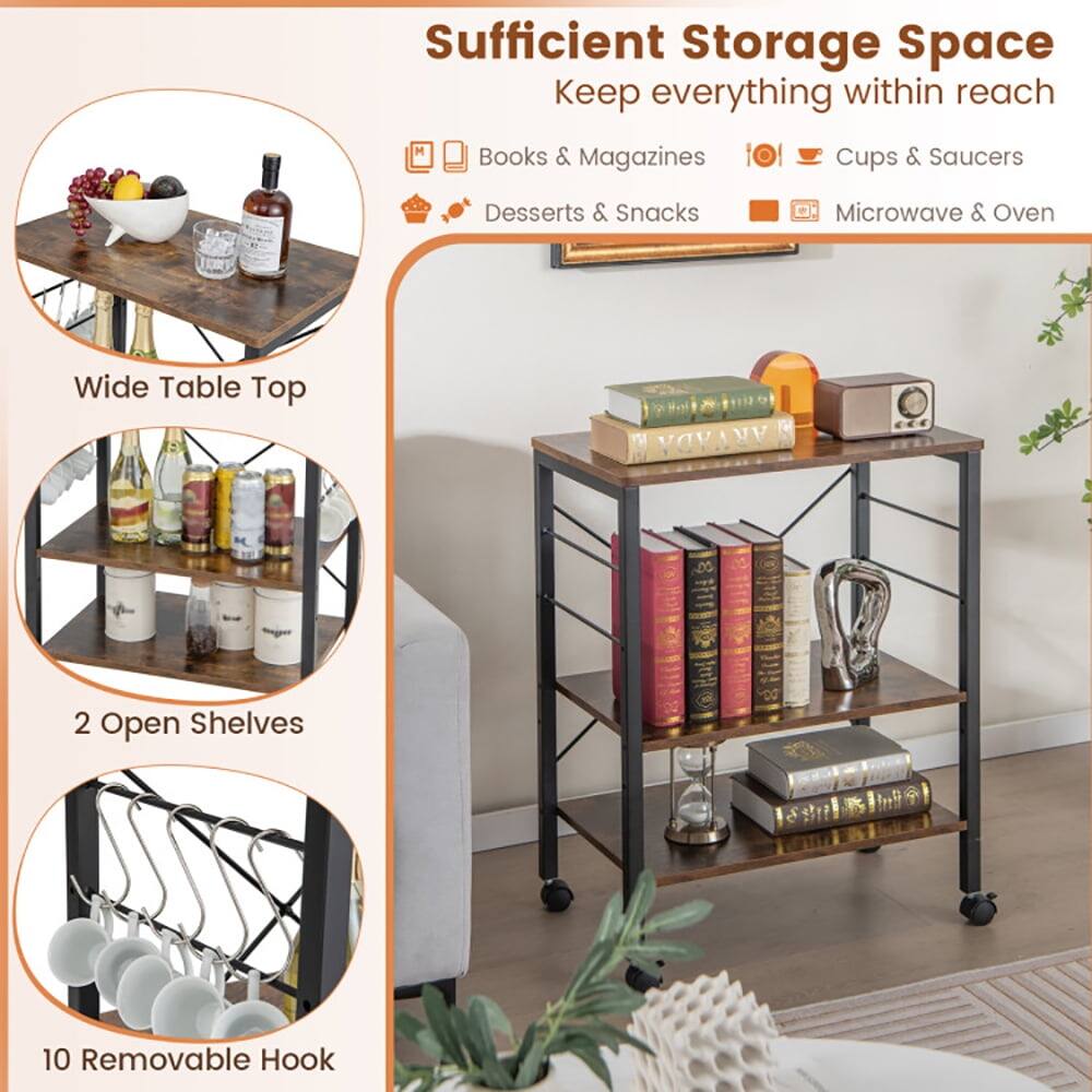 Sufficient Storage Space  
Keep everything within reach  
Books & Magazines  
Cups & Saucers  
Desserts & Snacks  
Microwave & Oven  

Wide Table Top  
2 Open Shelves  
10 Removable Hook