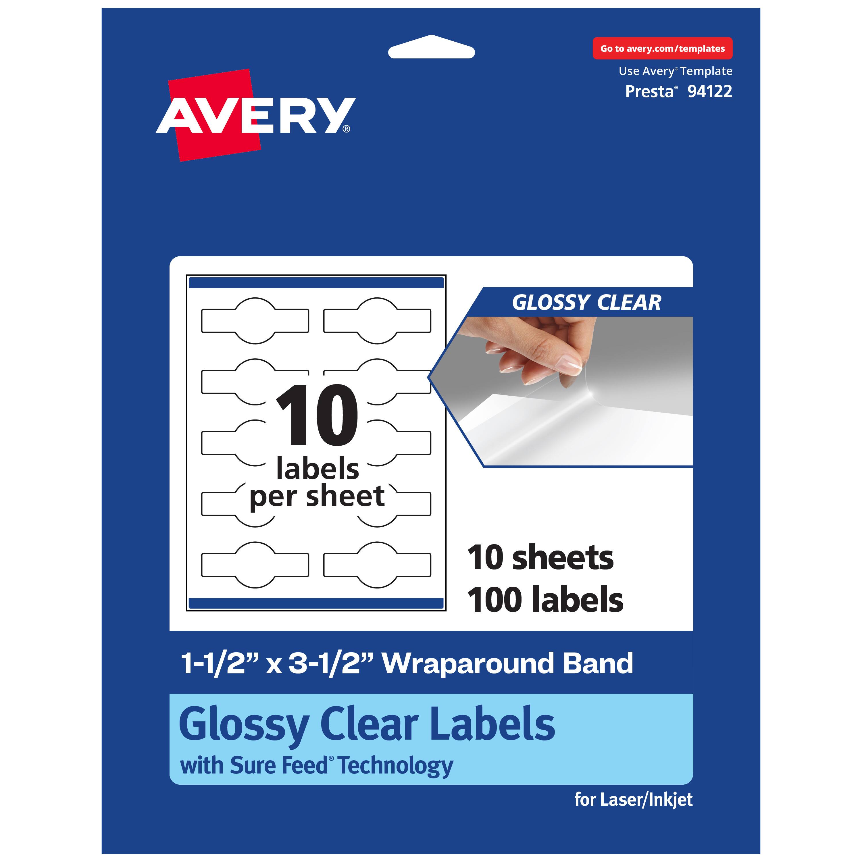 Go to avery.com/templates  
AVERY  
Use Avery Template Presta® 94122  

GLOSSY CLEAR  
10 labels per sheet  
10 sheets 100 labels  
1-1/2" x 3-1/2" Wraparound Band Glossy Clear Labels with Sure Feed Technology for Laser/Inkjet