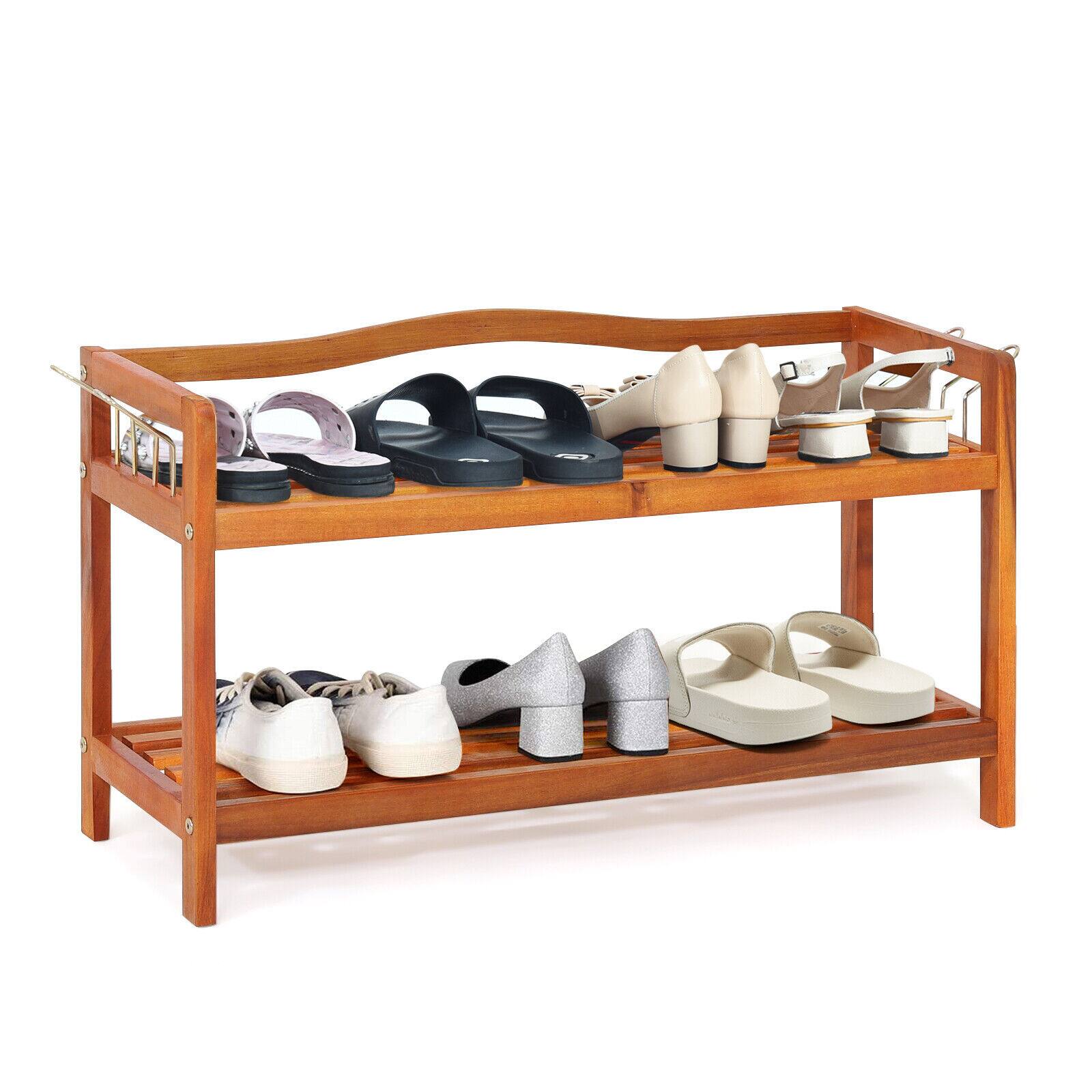 Alt View 4. Sugift - 2-Tier Acacia Wood Shoe Rack with 4 Side Metal Hooks - Natural.