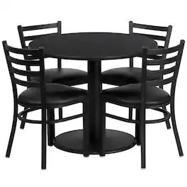 Emma + Oliver - 36" Round Laminate Table Set with 4 Ladder Back Metal Chairs - Black Top/Black Vinyl Seat
