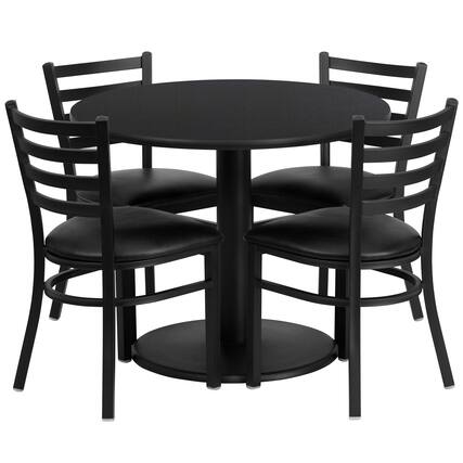Front. Emma + Oliver - 36" Round Laminate Table Set with 4 Ladder Back Metal Chairs - Black Top/Black Vinyl Seat.