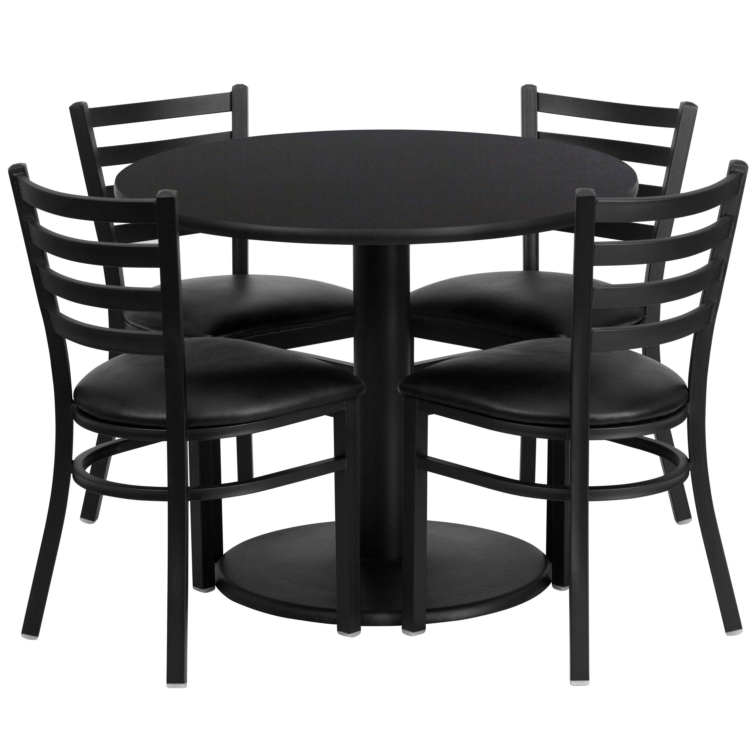 Front. Emma + Oliver - 36" Round Laminate Table Set with 4 Ladder Back Metal Chairs - Black Top/Black Vinyl Seat.