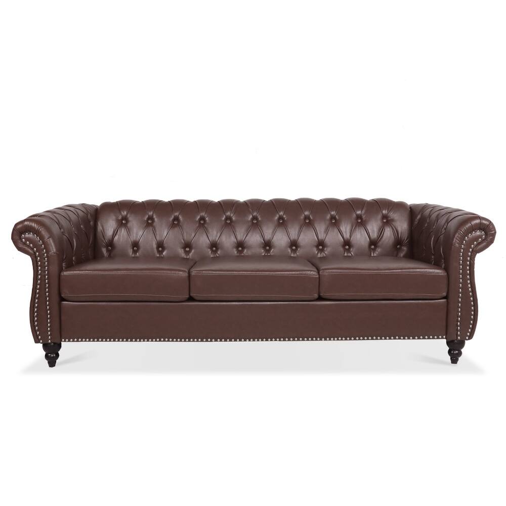 Left. Loheer - Loheer 84.65" Dark Brown PU Leather Chesterfield Sofa, Rolled Arm 3 Seater Couch with Tufted Back for Living Room - Dark Brown.