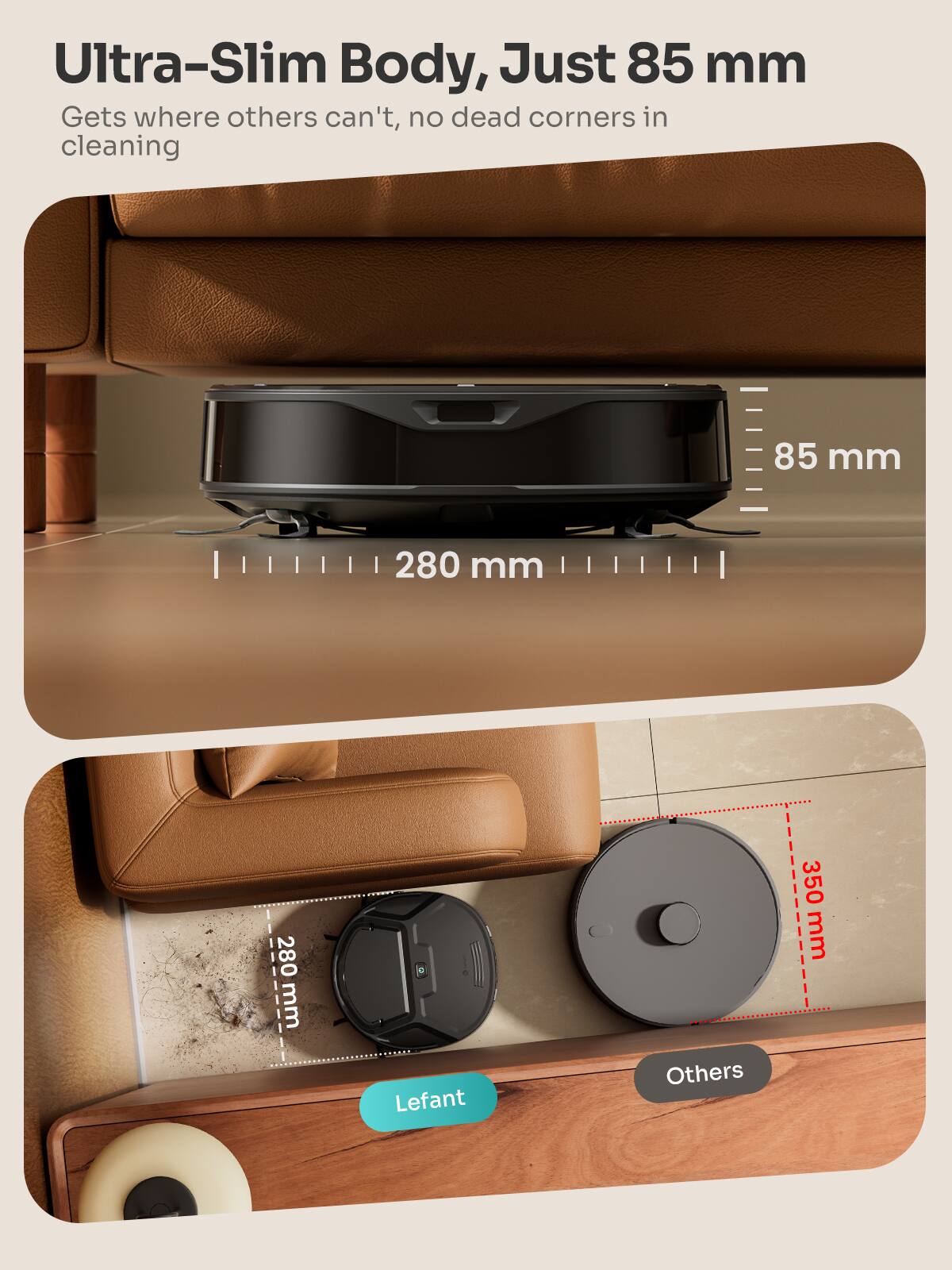 Ultra-Slim Body, Just 85 mm  
Gets where others can't, no dead corners in cleaning  

85 mm  
280 mm  
280 mm  
Lefant  
Others  
350 mm