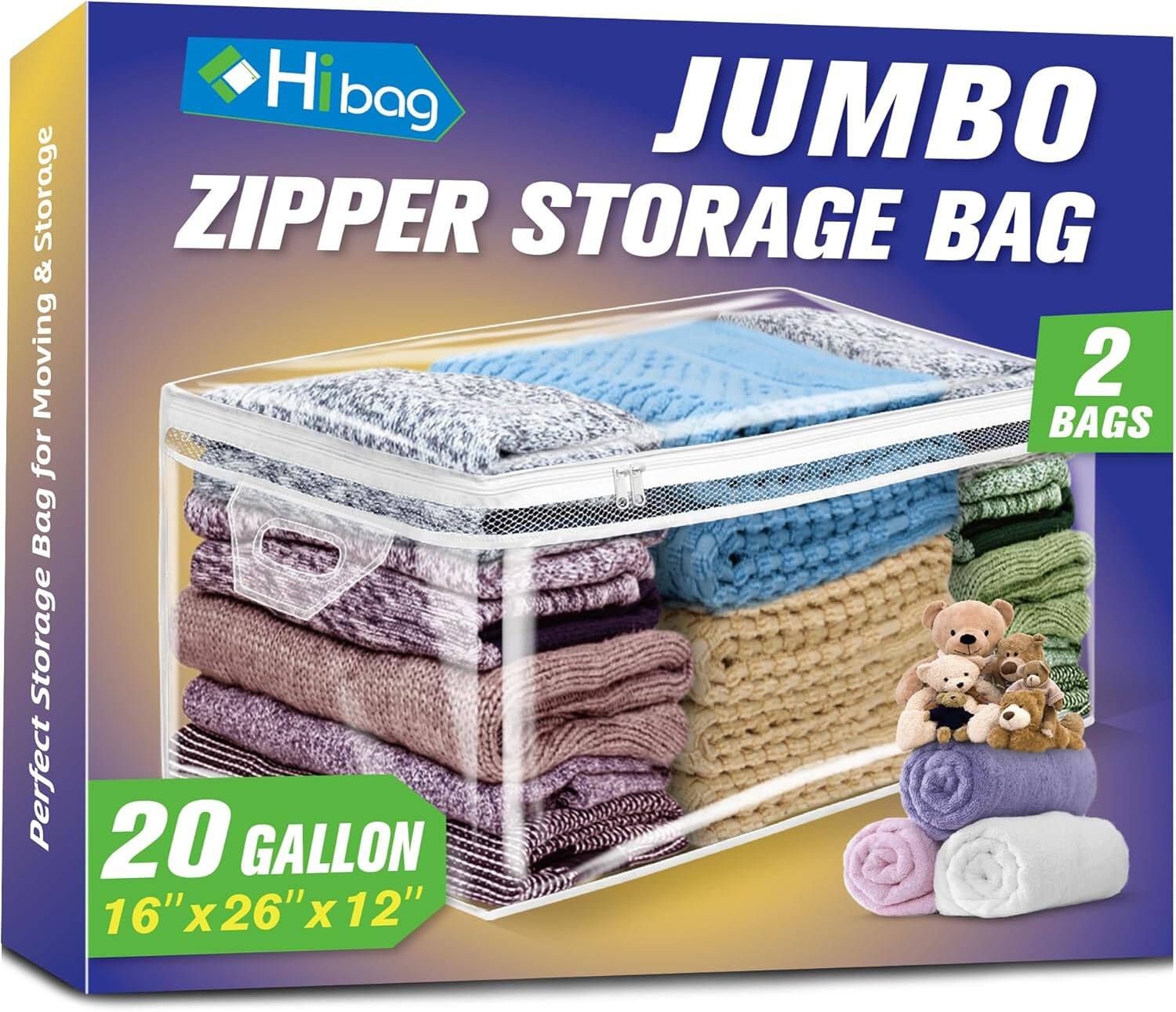 Hibag
JUMBO ZIPPER STORAGE BAG
Perfect Storage Bag for Moving & Storage
2 BAGS
20 GALLON
16" x 26" x 12"
