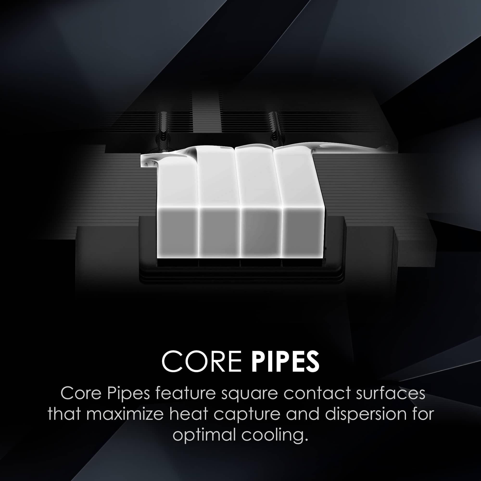 CORE PIPES
Core Pipes feature square contact surfaces that maximize heat capture and dispersion for optimal cooling.